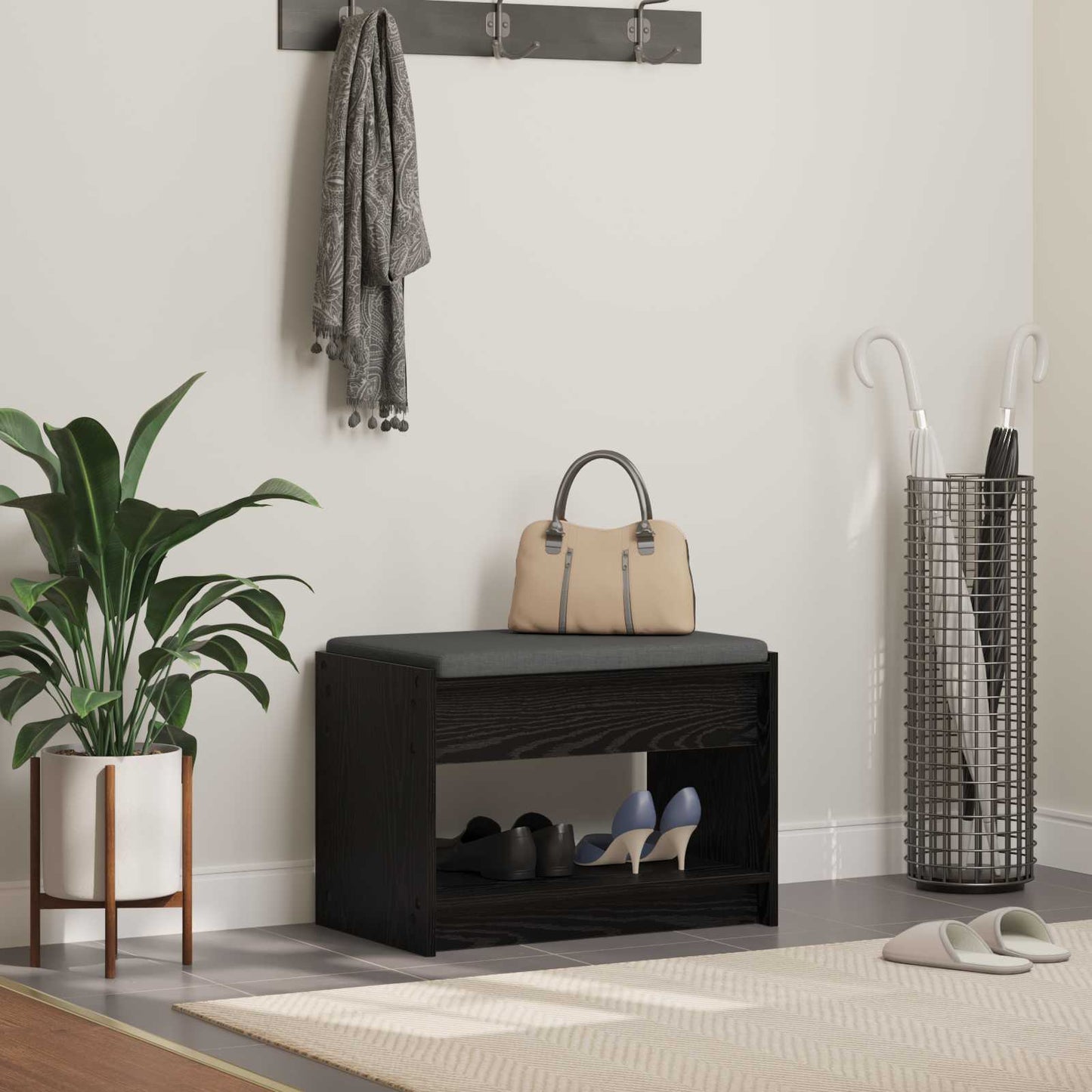 Hallbænk med pude Sort Eg 63 x 38 x 45 cm Kunstigt træ og stof