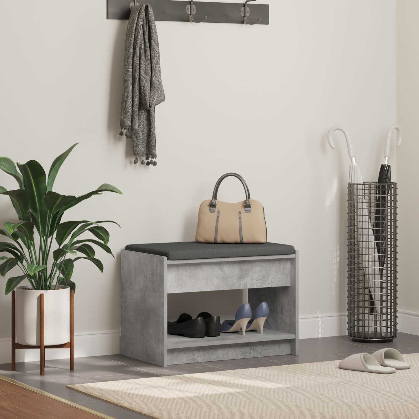 Hallbænk med pude BetonGrå 63 x 38 x 45 cm Kunstigt træ og stof