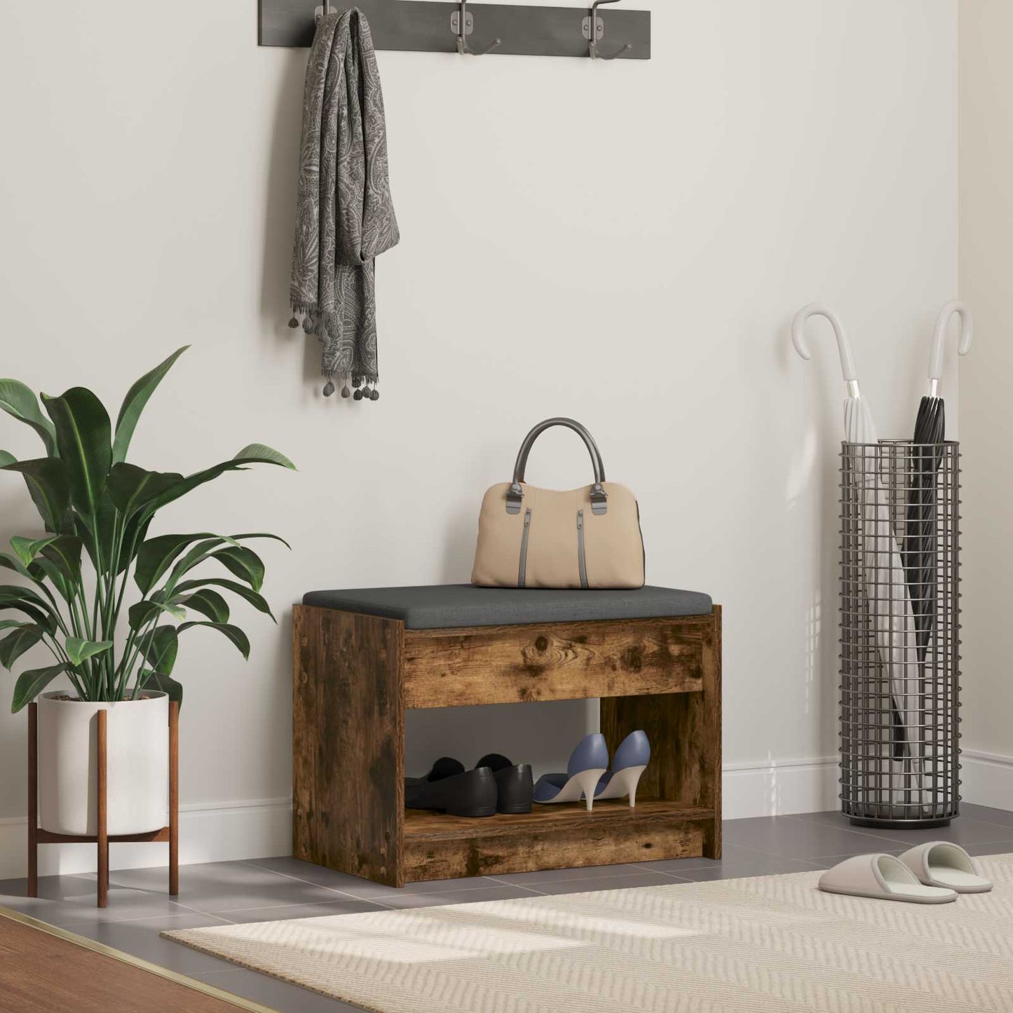 Hallbænk med pude Røget Eg 63 x 38 x 45 cm Kunstigt træ og stof
