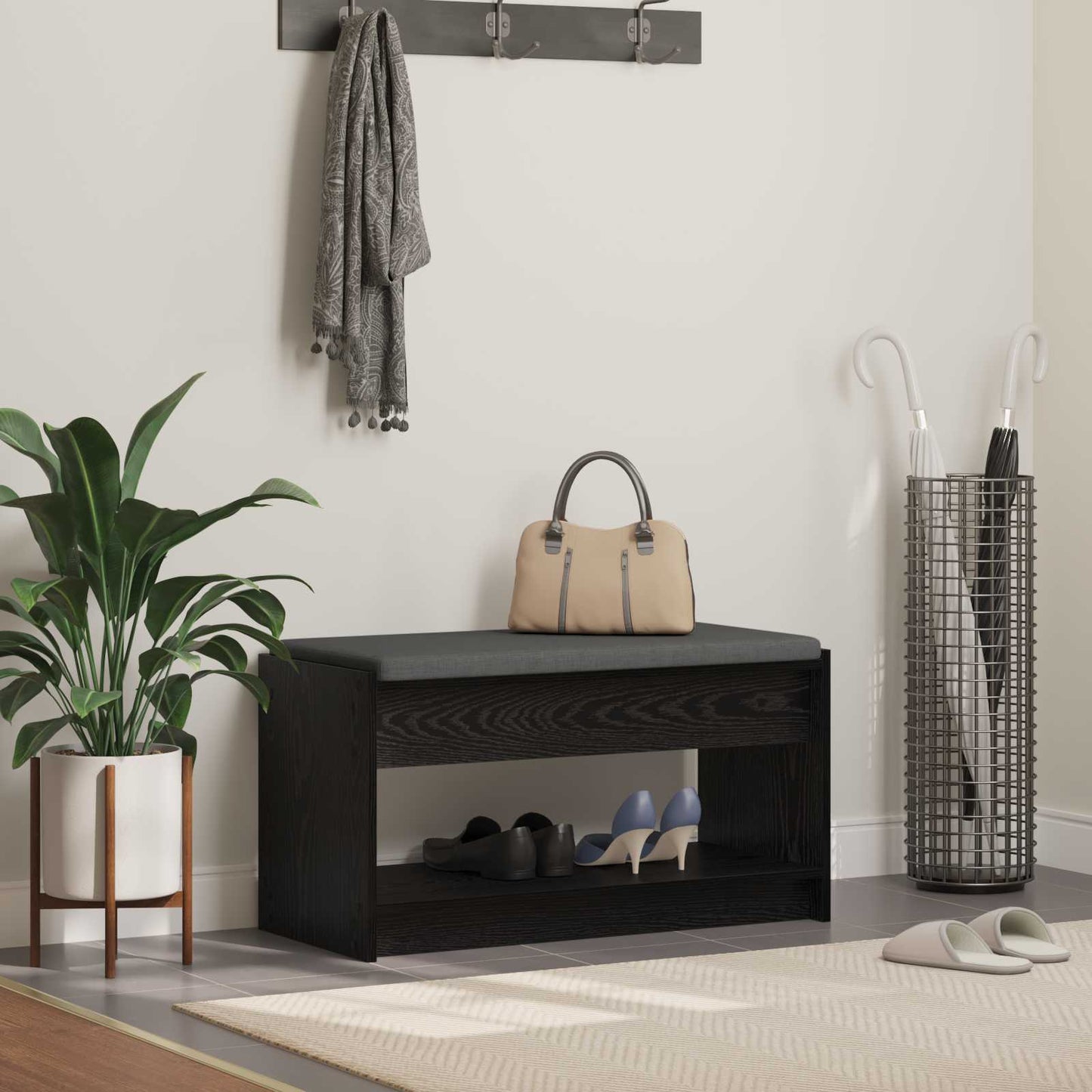 Hallbænk med pude Sort Eg 83 x 38 x 45 cm Kunstigt træ og stof
