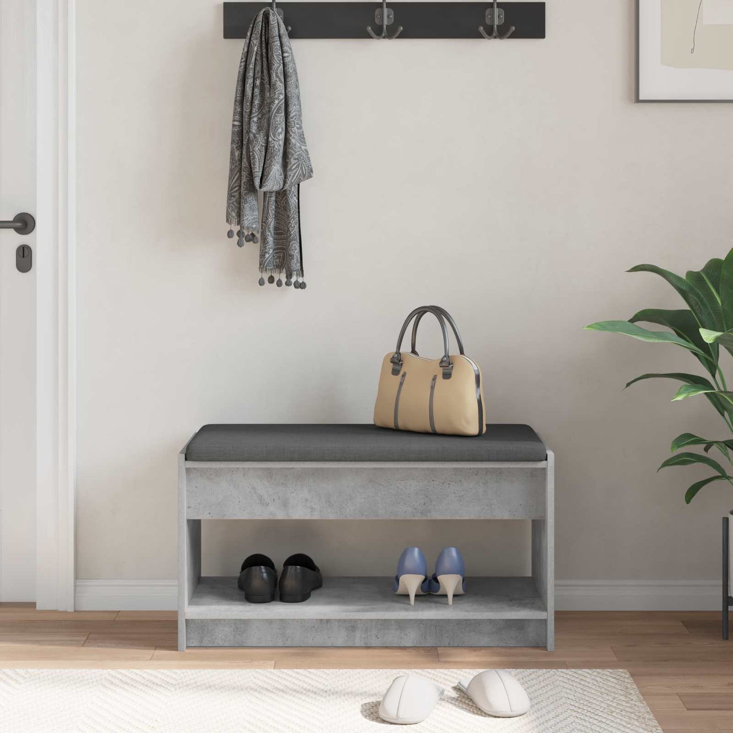 Hallbænk med pude BetonGrå 83 x 38 x 45 cm Kunstigt træ og stof