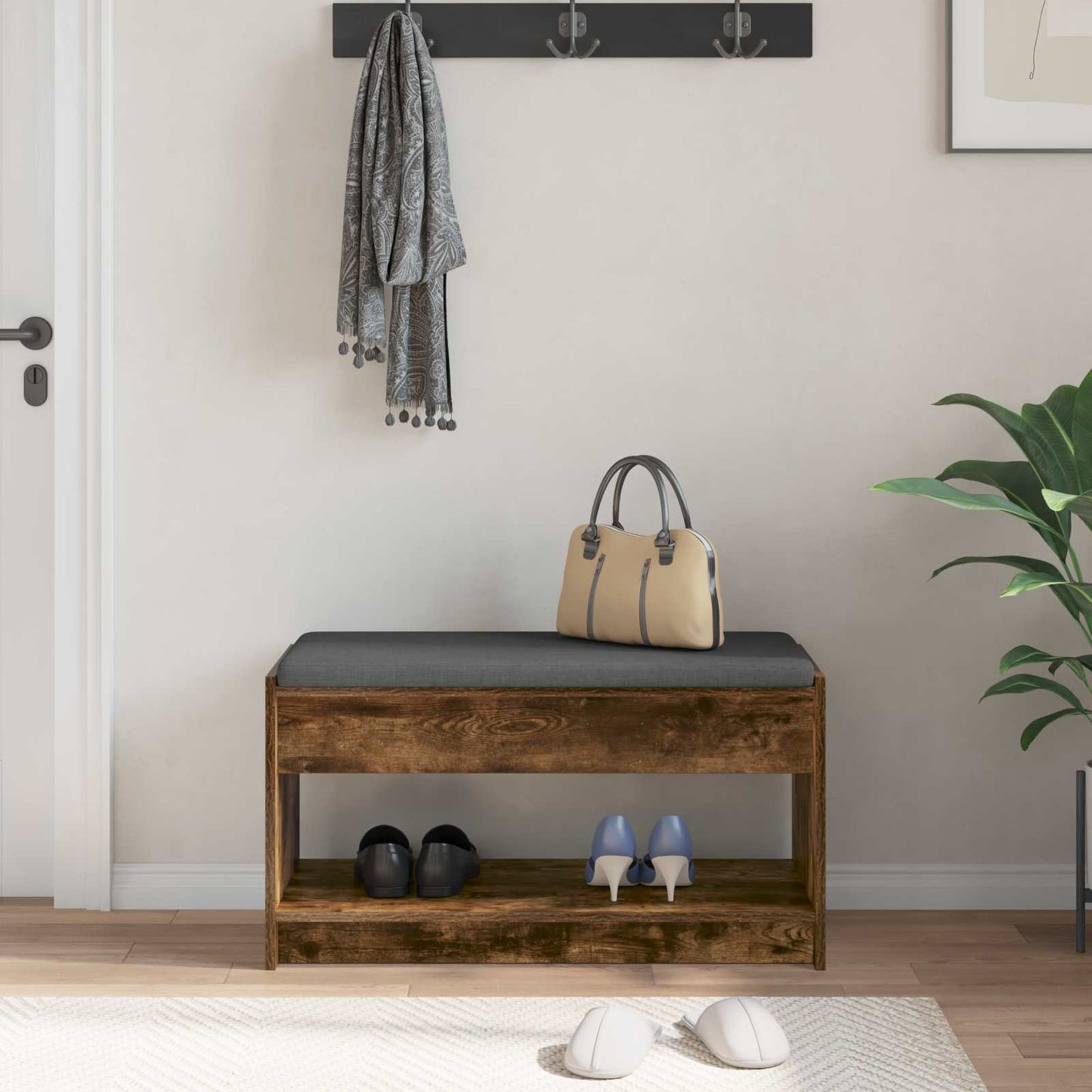 Hallbænk med pude Røget Eg 83 x 38 x 45 cm Kunstigt træ og stof