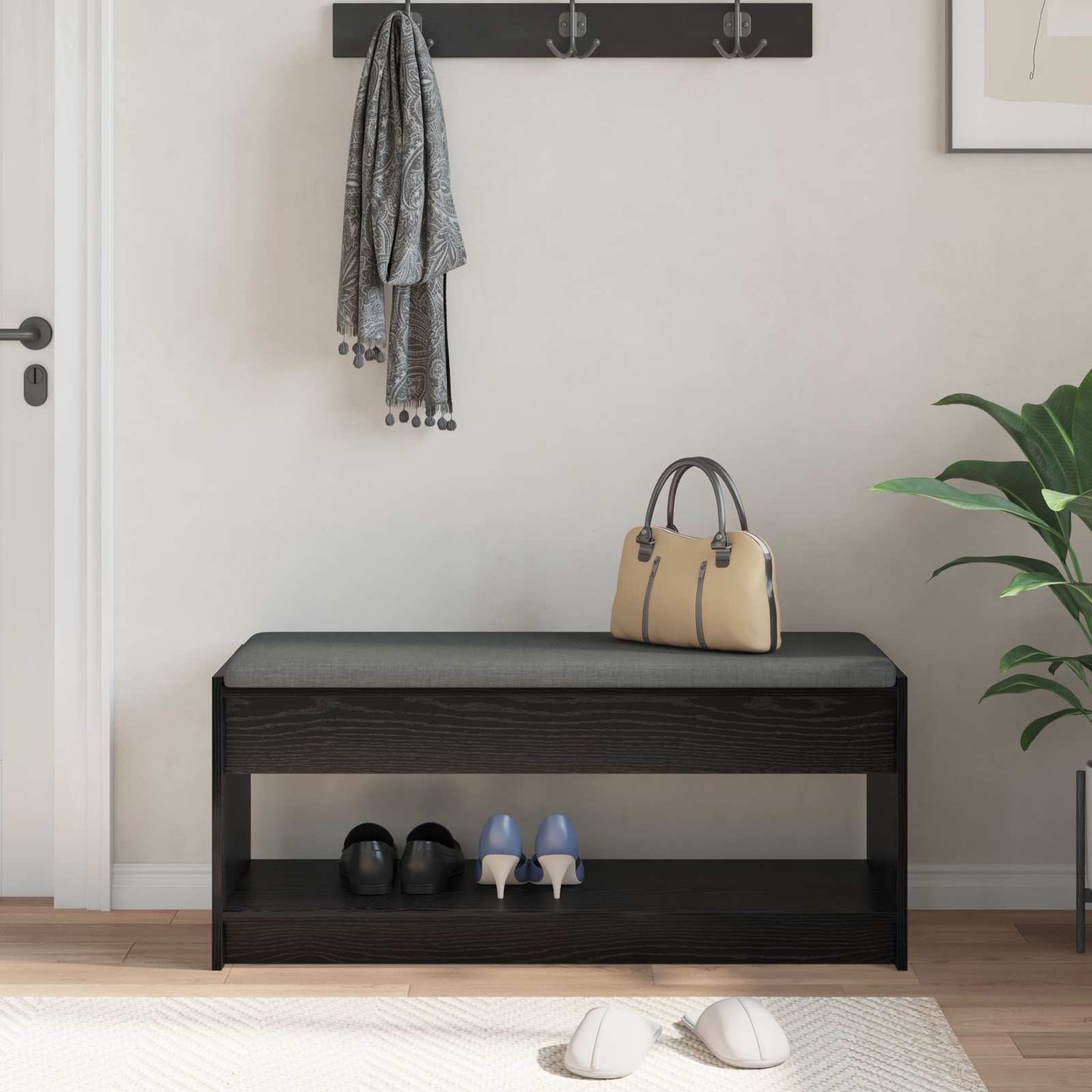 Hallbænk med pude Sort Eg 103 x 38 x 45 cm Kunstigt træ og stof