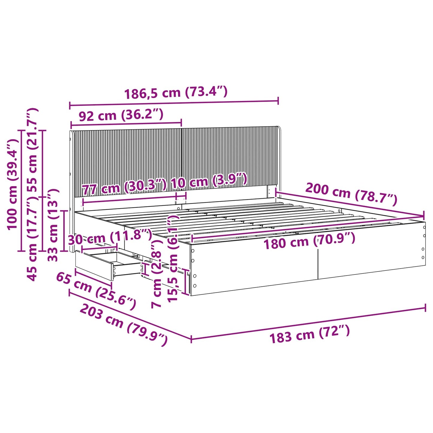 Sengestel med opbevaring og hovedgærde med skuffe Grå sonoma-eg