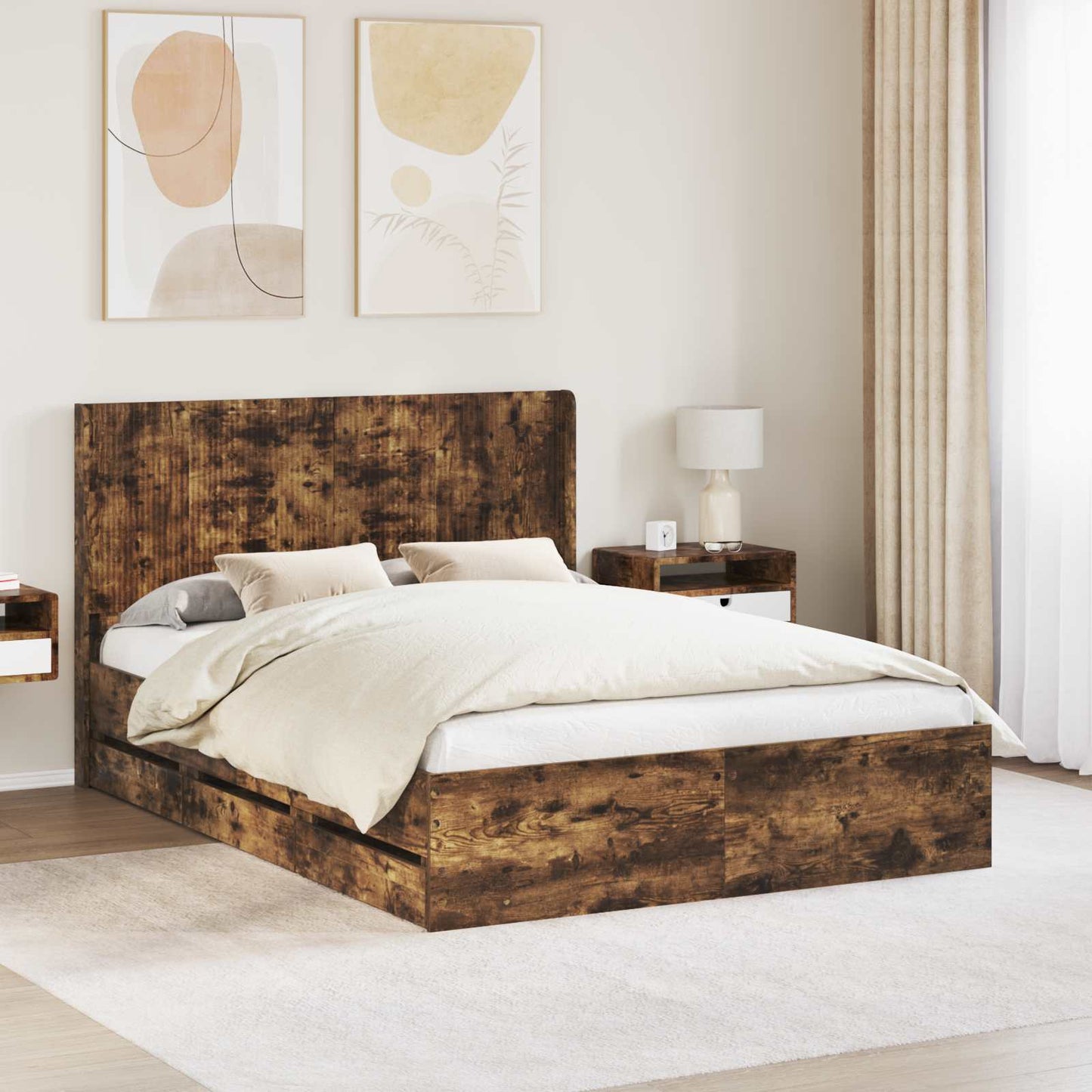 Sengestel med opbevaring og hovedgærde Røget eg 120 x 190 cm