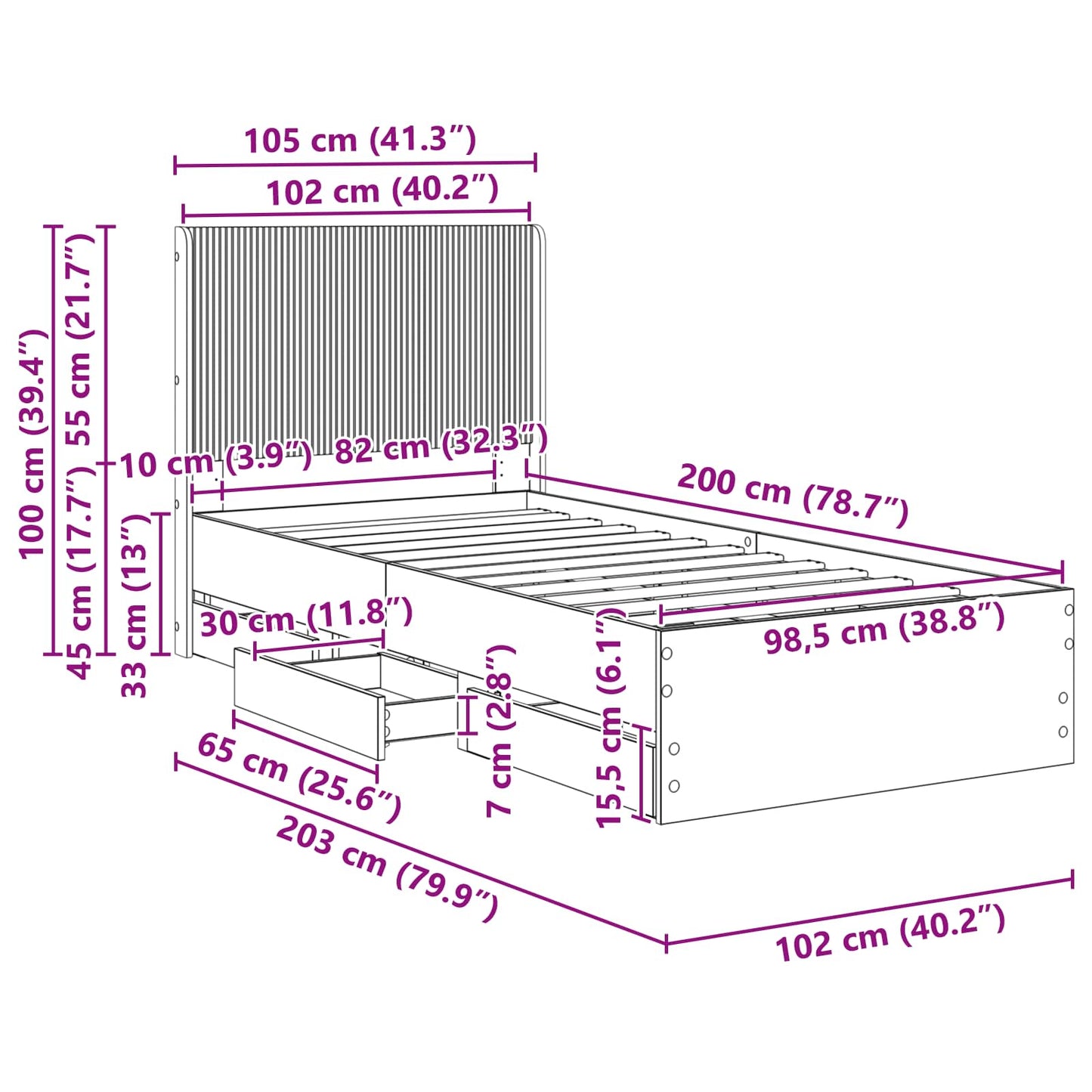 Sengestel med opbevaring og hovedgærde Sort 100 x 200 cm