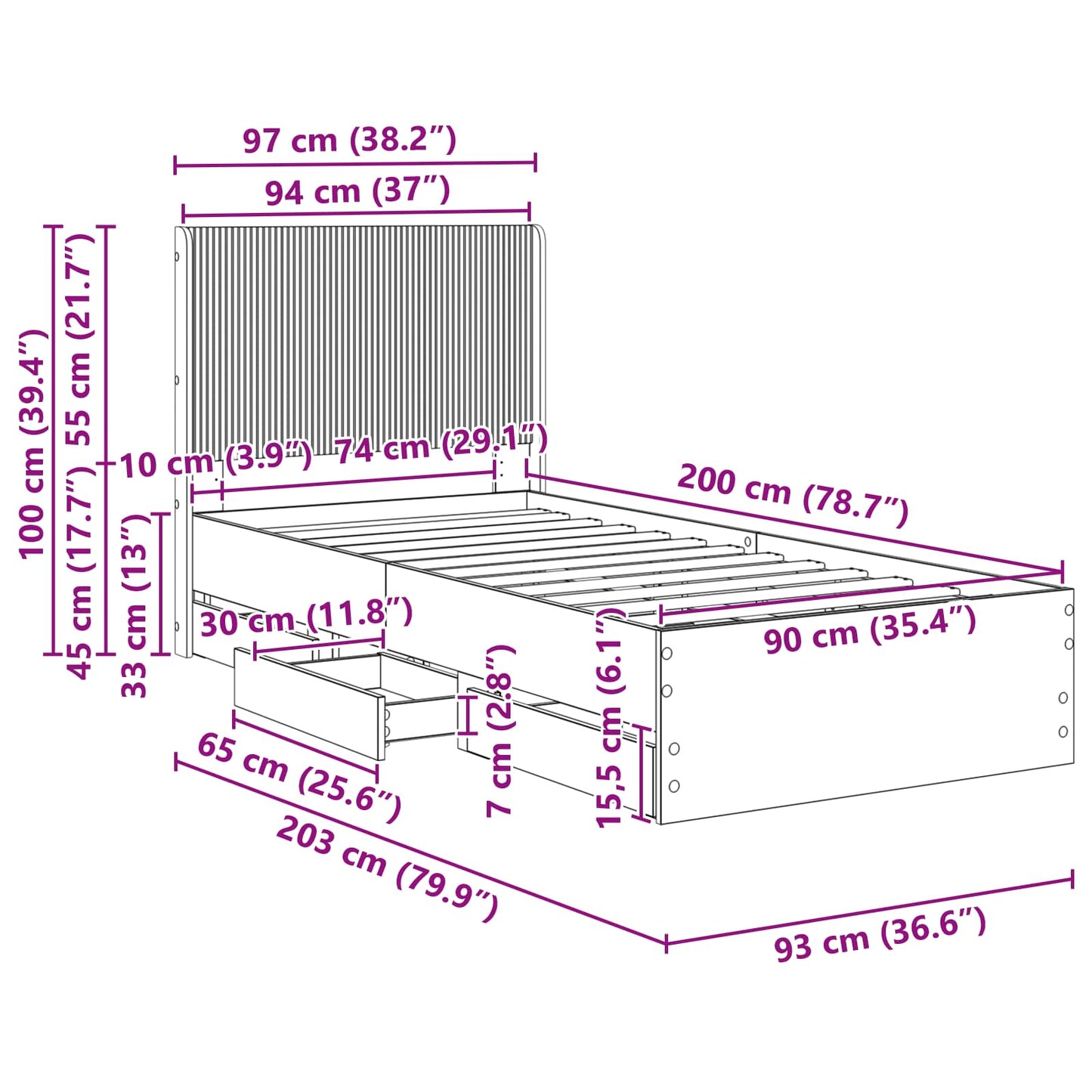 Sengestel med opbevaring og hovedgærde Betongrå 90 x 200 cm