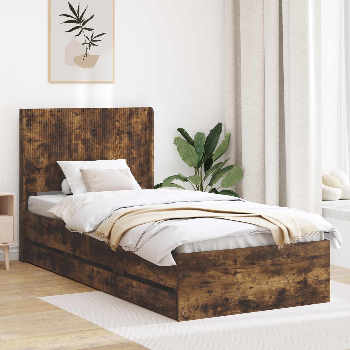 Sengestel med opbevaring og hovedgærde Røget eg 75 x 190 cm