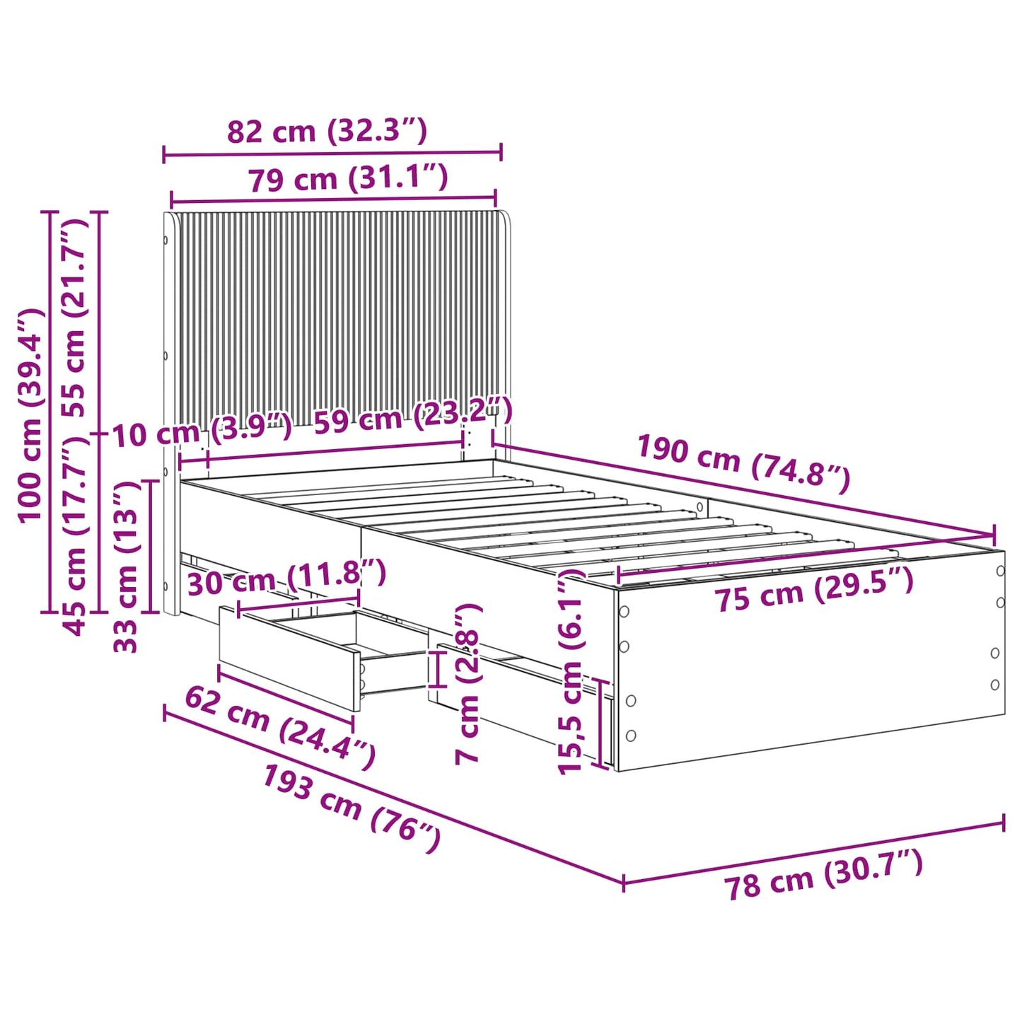 Sengestel med opbevaring og hovedgærde Røget eg 75 x 190 cm