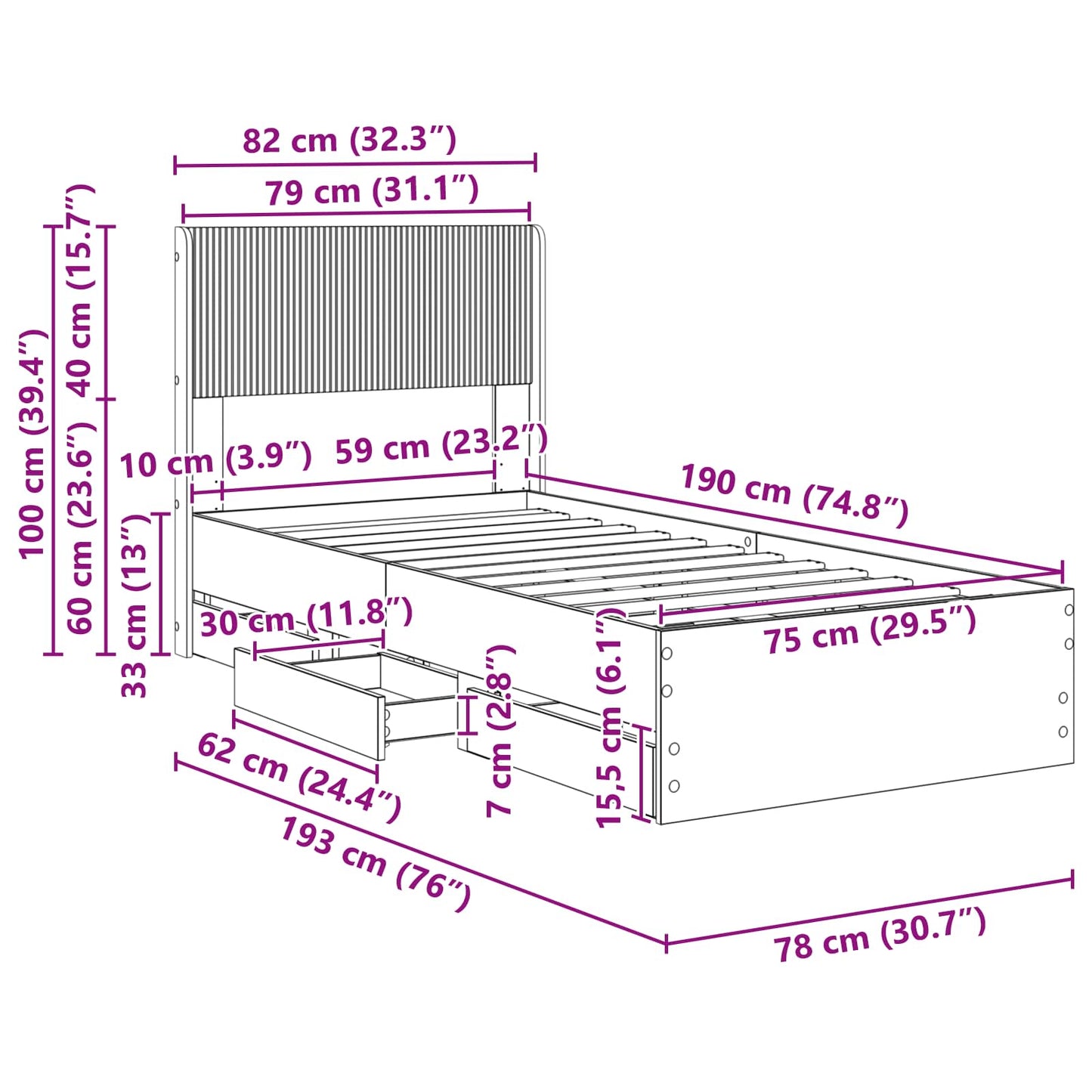 Sengestel med opbevaring og hovedgærde Sonoma-eg 75 x 190 cm