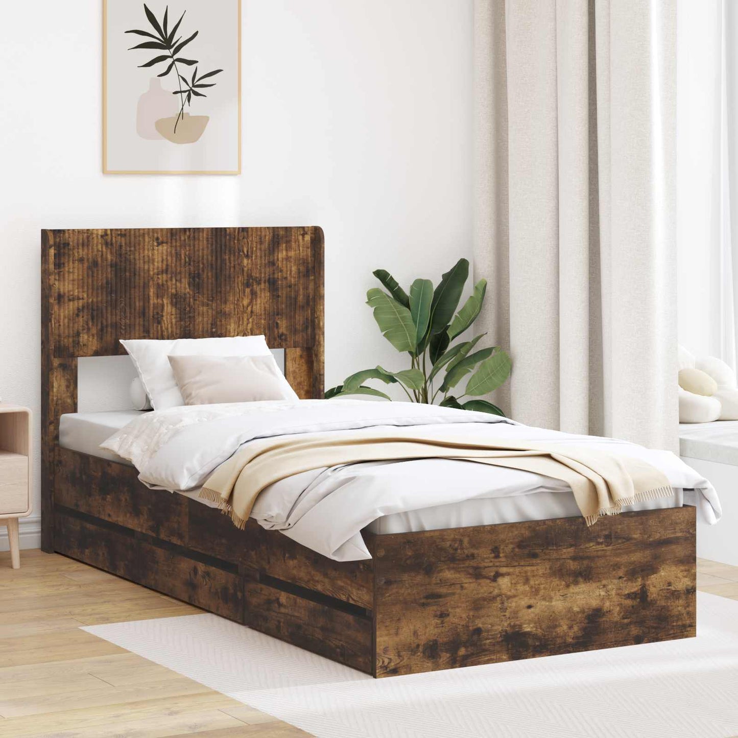 Sengestel med opbevaring og hovedgærde Røget eg 75 x 190 cm