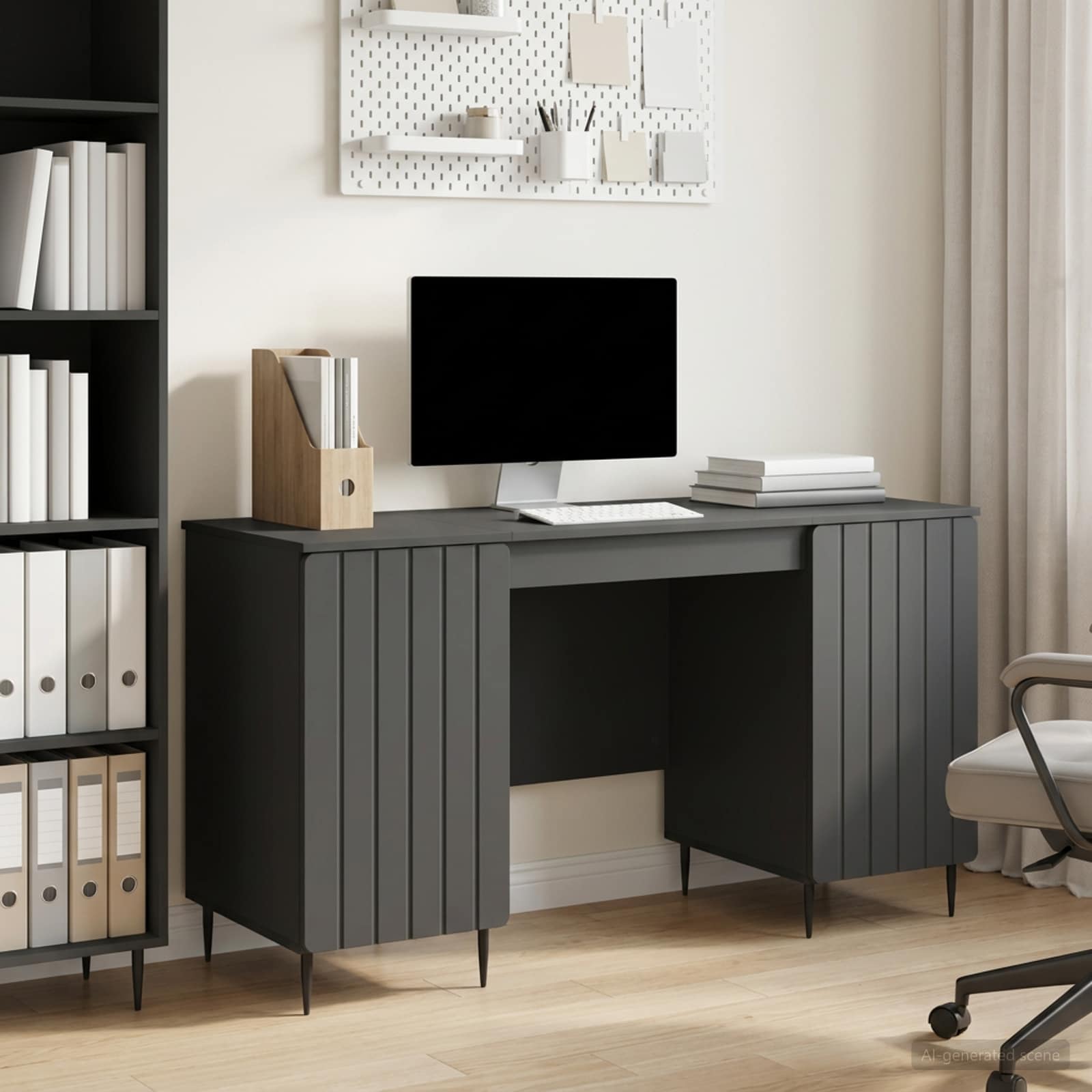 Skrivebord med hylder og døre - sort 142,5 × 50 × 75 cm, konstrueret træ