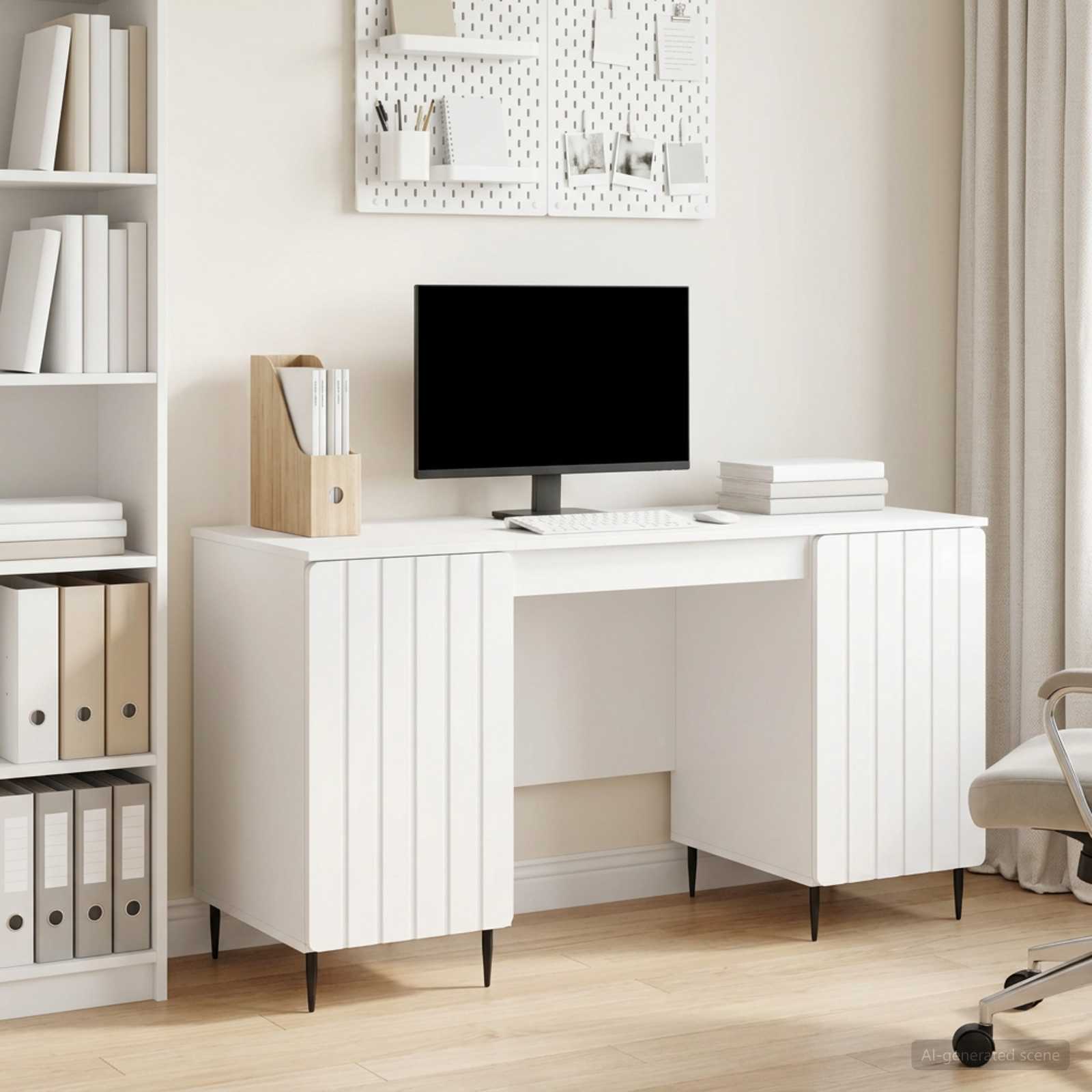 Skrivebord med hylder - hvid højglans, 142,5 × 50 × 75 cm, konstrueret træ