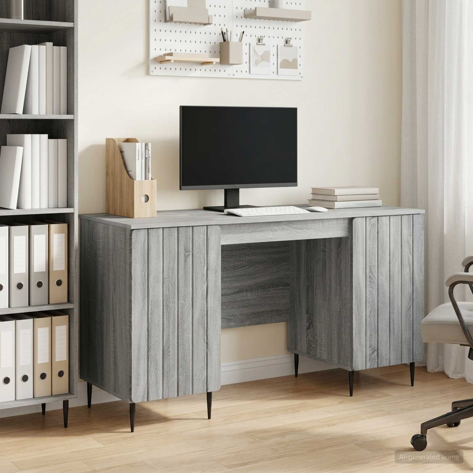 Skrivebord med hylde - grå sonoma-eg, 142,5 × 50 × 75 cm, konstrueret træ