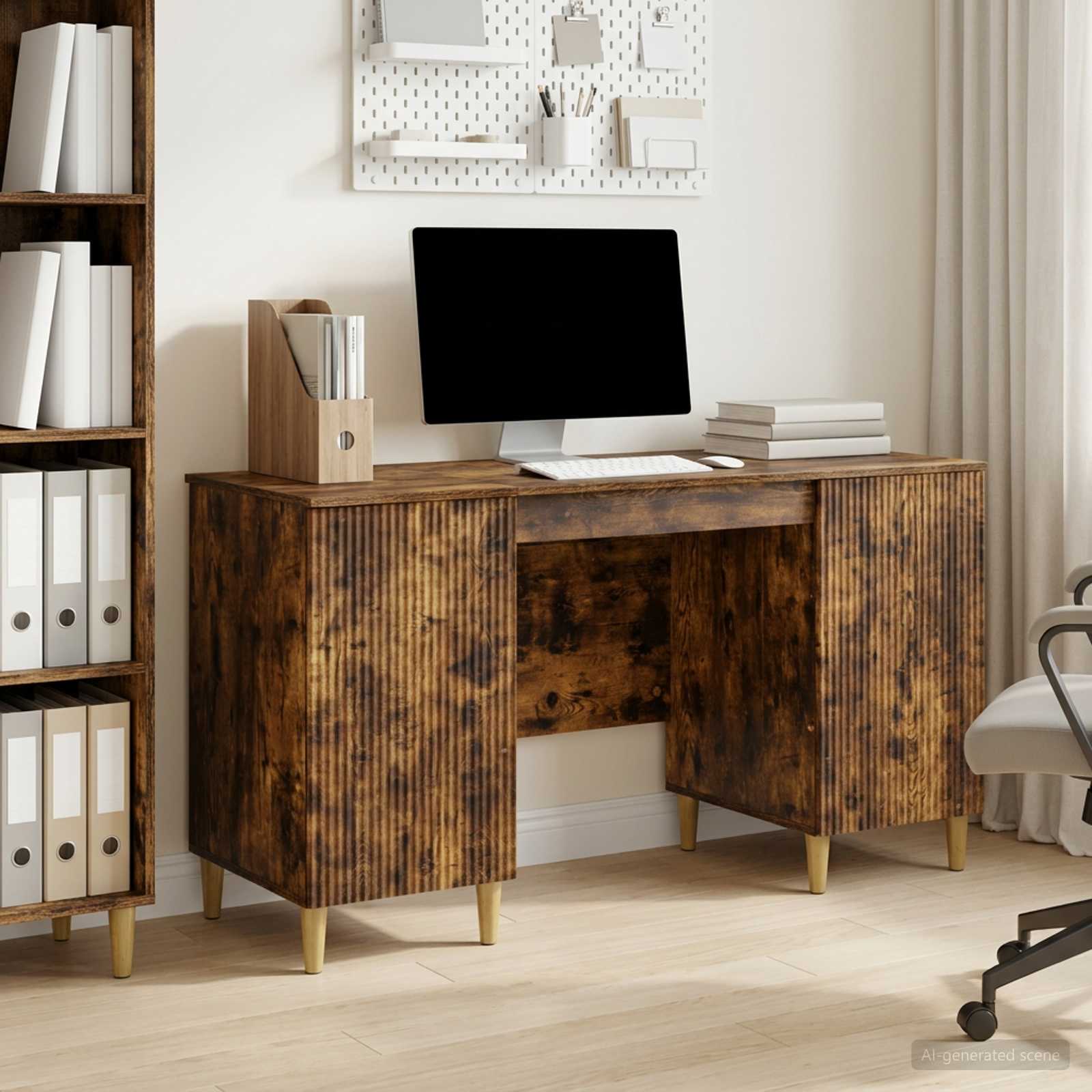 Skrivebord med hylde - røget eg, 142,5 × 50 × 75 cm, konstrueret træ