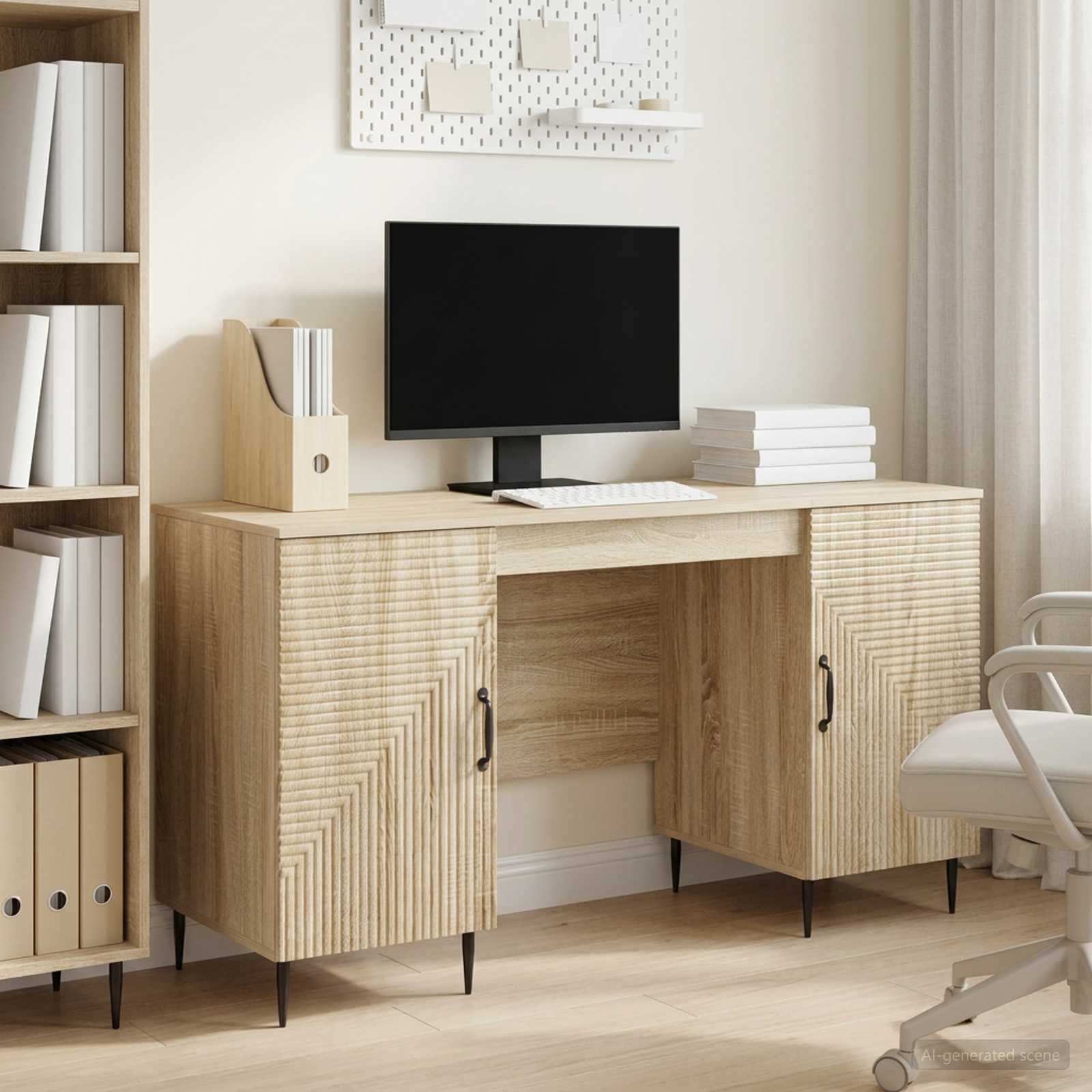 Skrivebord med hylder - sonoma-eg, 142,5 × 50 × 75 cm, konstrueret træ