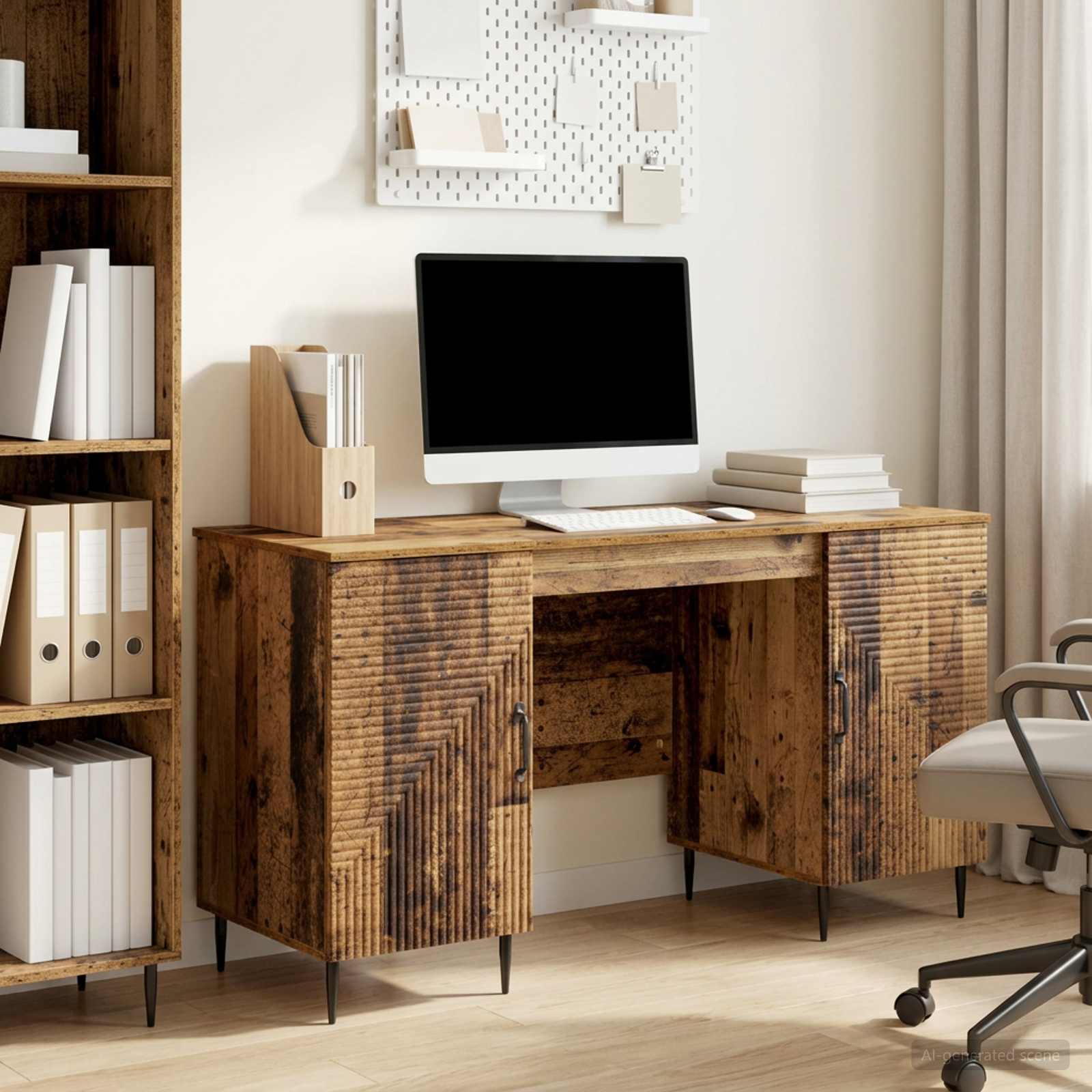 Skrivebord med hylder - gammelt træ look, 142,5 × 50 × 75 cm, konstrueret træ