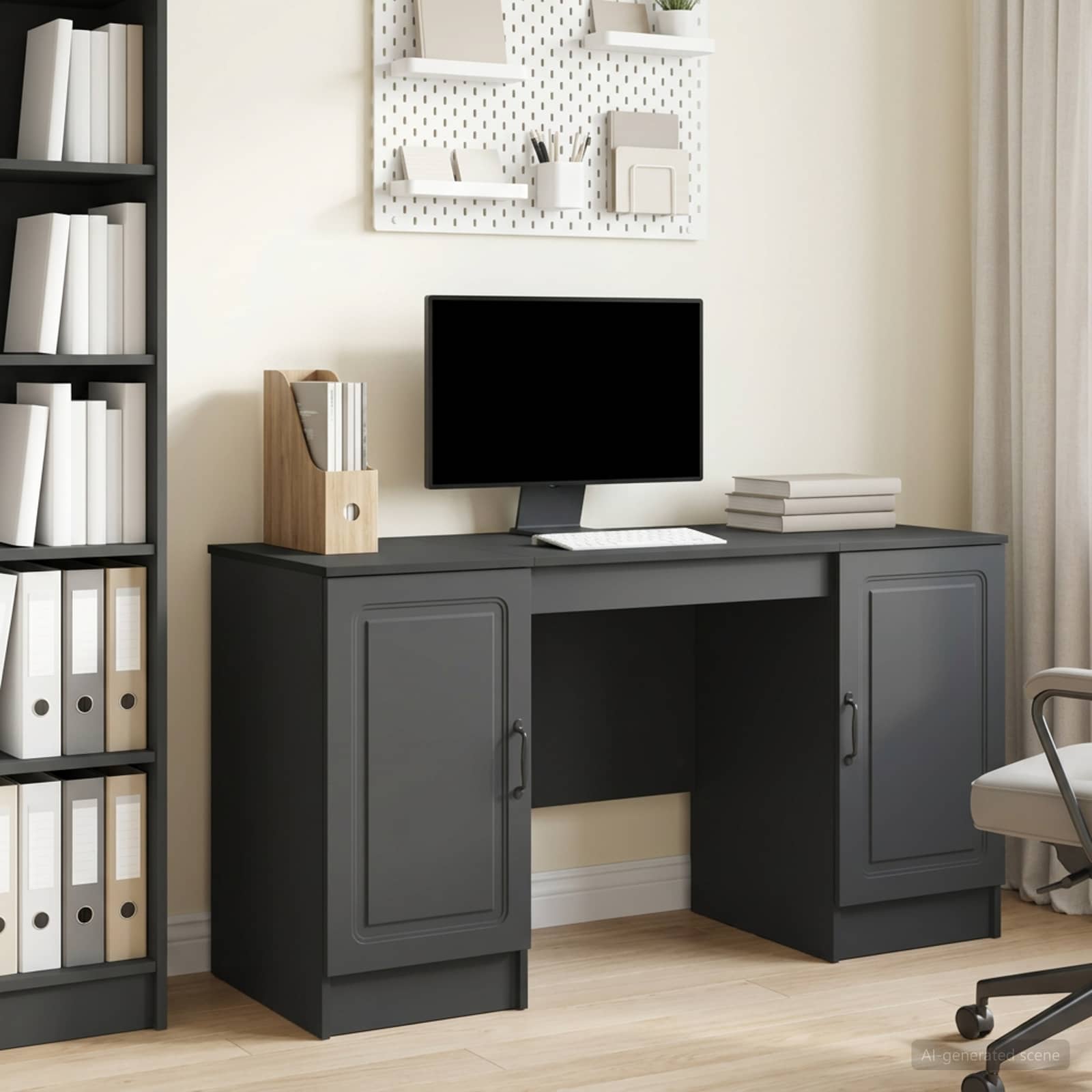 Skrivebord med skabsdøre - sort 142,5 × 50 × 75 cm i konstrueret træ