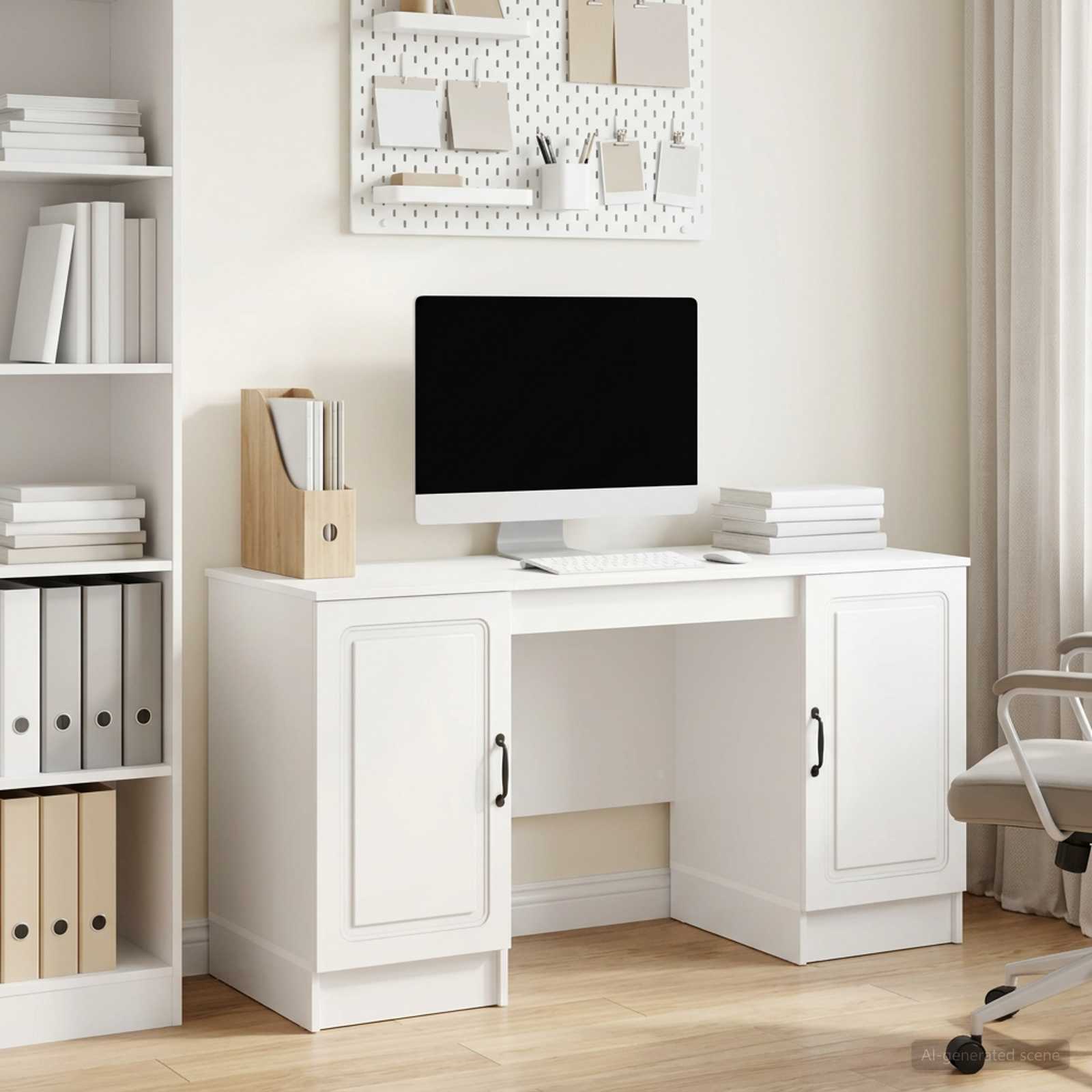 Skrivebord med hylder - hvid højglans 142,5 × 50 × 75 cm, konstrueret træ