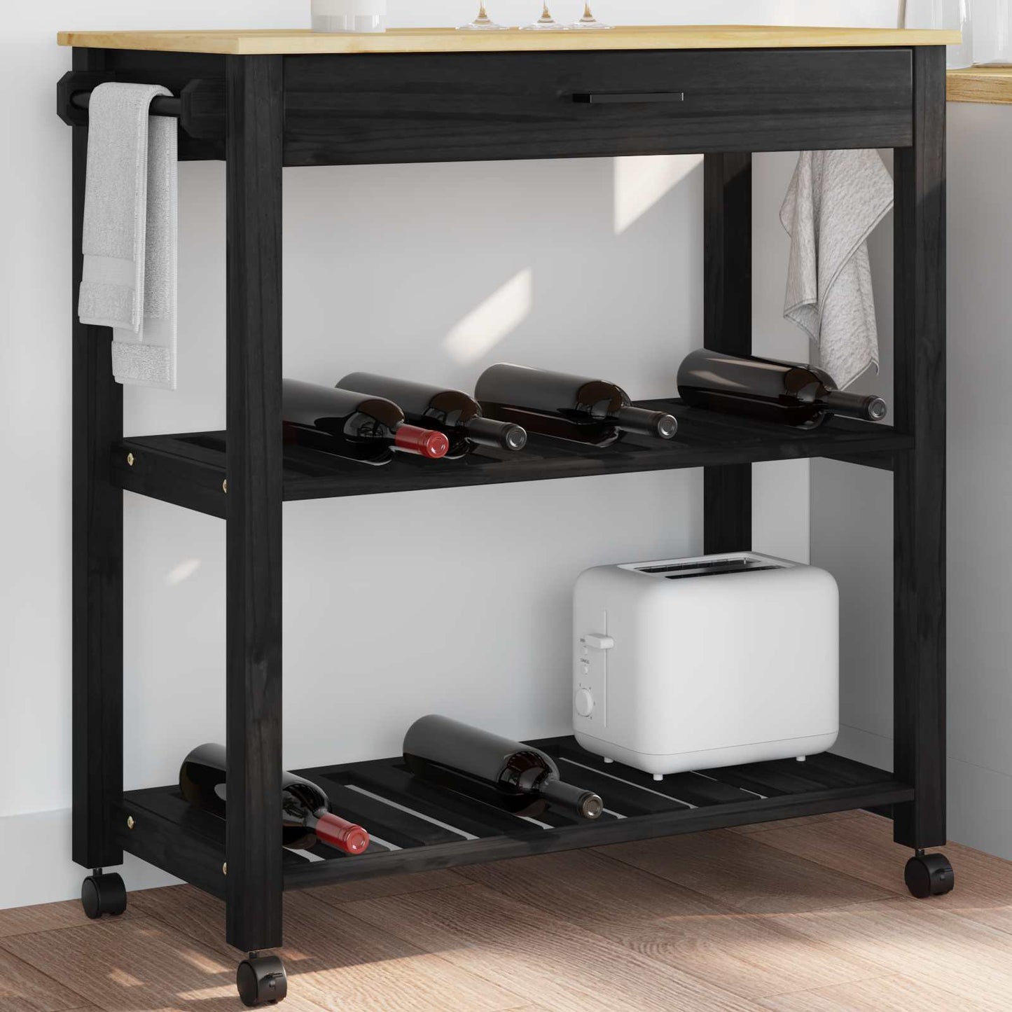 Køkkenvogn MONZA Sort 84 x 40 x 88,5 cm Massivt fyrretræ