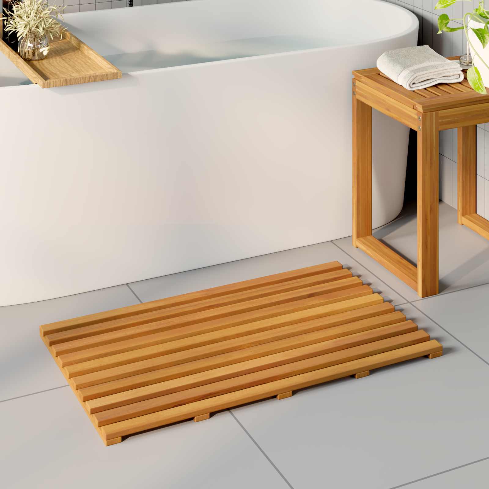 Bademåtte Ensfarvet Brun 80 x 48 x 2,5 cm Massivt Akacietræ billede