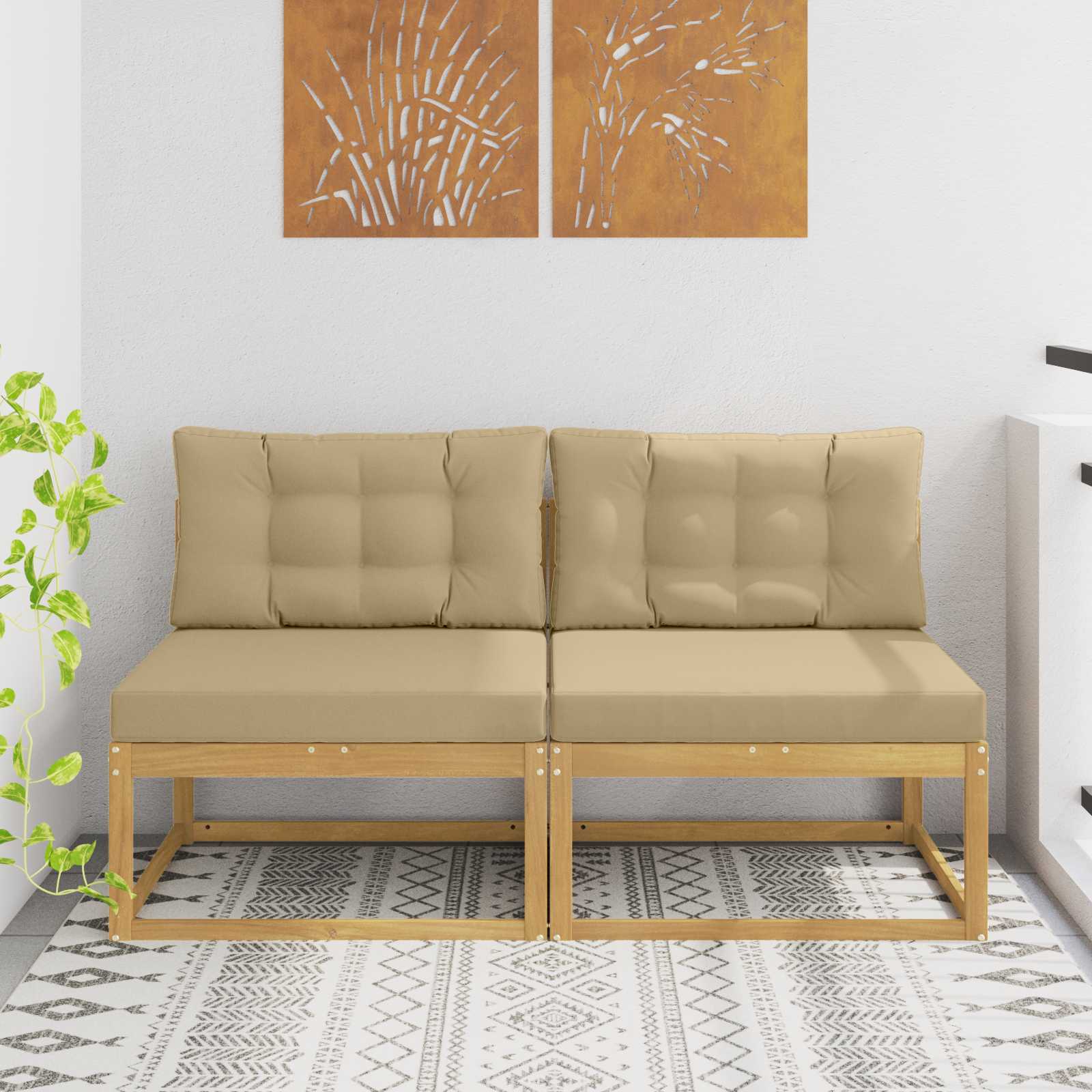Udendørs modulsofa i massivt akacietræ - 2 mellemsektioner med beige puder, hvid ramme