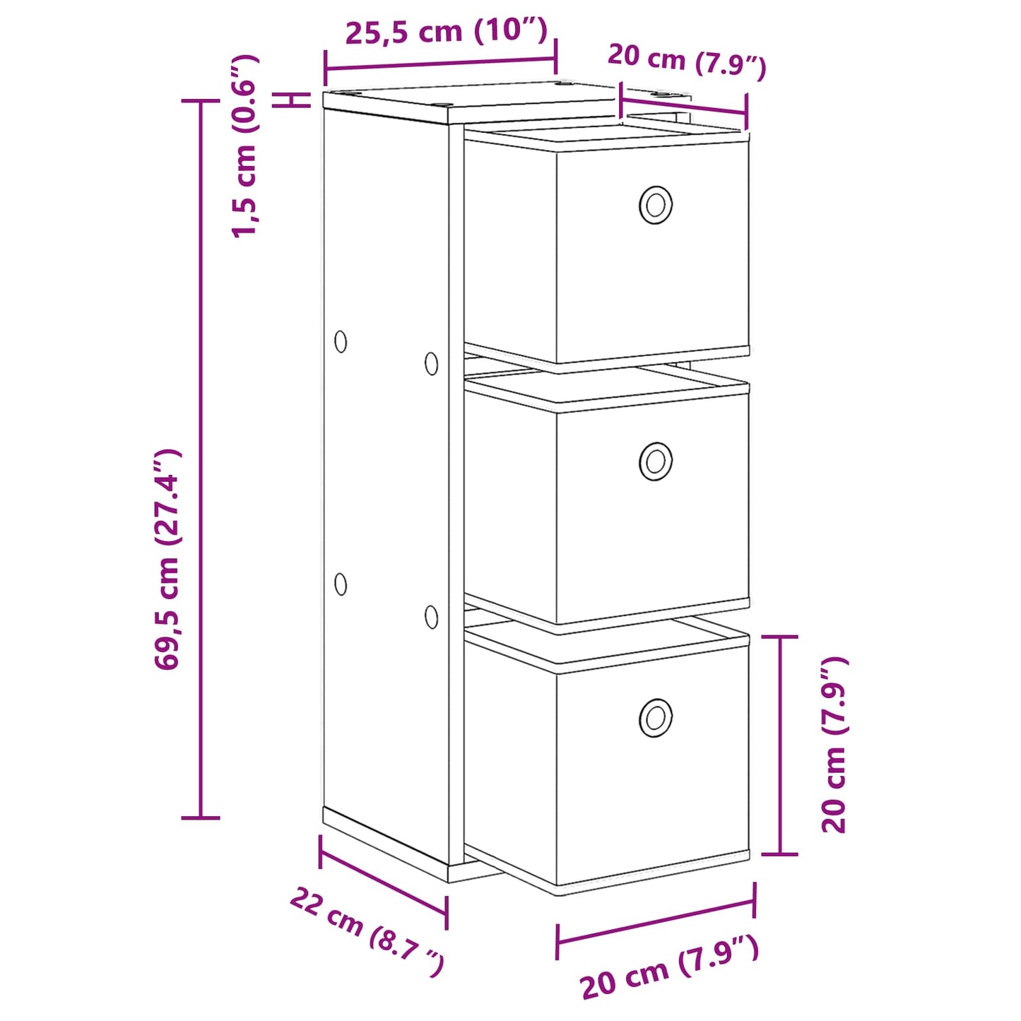 Sideboard med skuffe Sort eg 25,5 x 22 x 69,5 cm