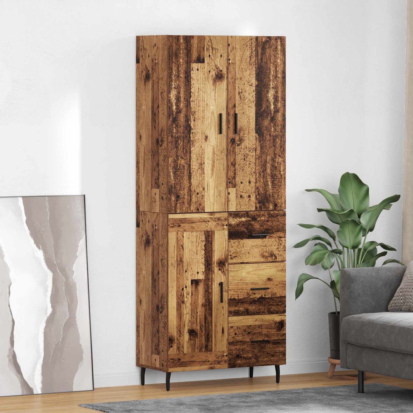 Highboard med skuffe 2 pcs Gammelt træ Ingeniørtræ og glas