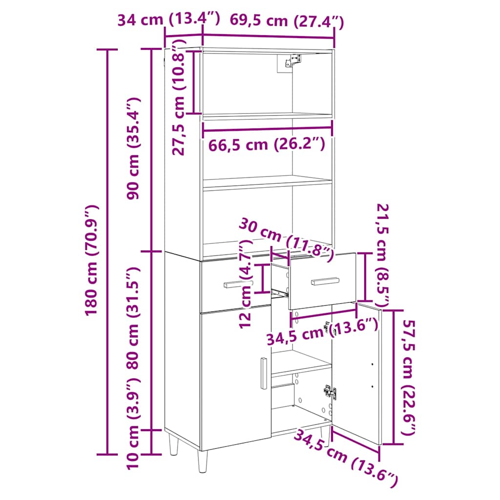 Highboard Artisan Egetræ 69,5 x 34 x 180 cm Konstrueret træ
