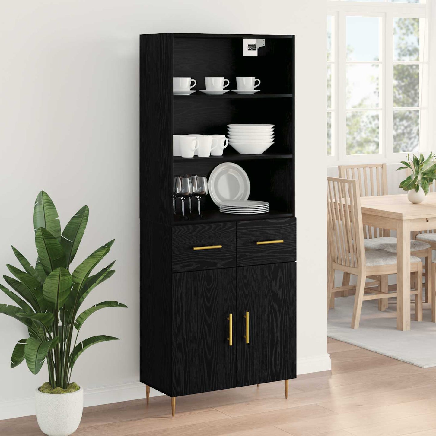 Highboard med skuffe Sort eg 69,5 x 34 x 180 cm Konstrueret træ