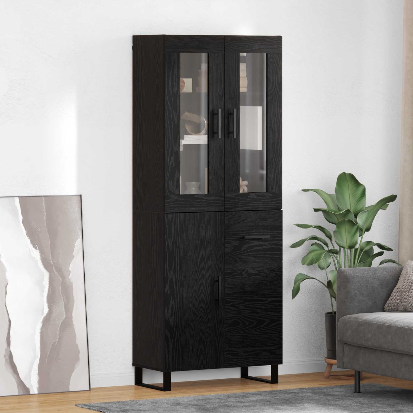 Highboard med skuffe 2 pcs Sort eg Ingeniørtræ og glas