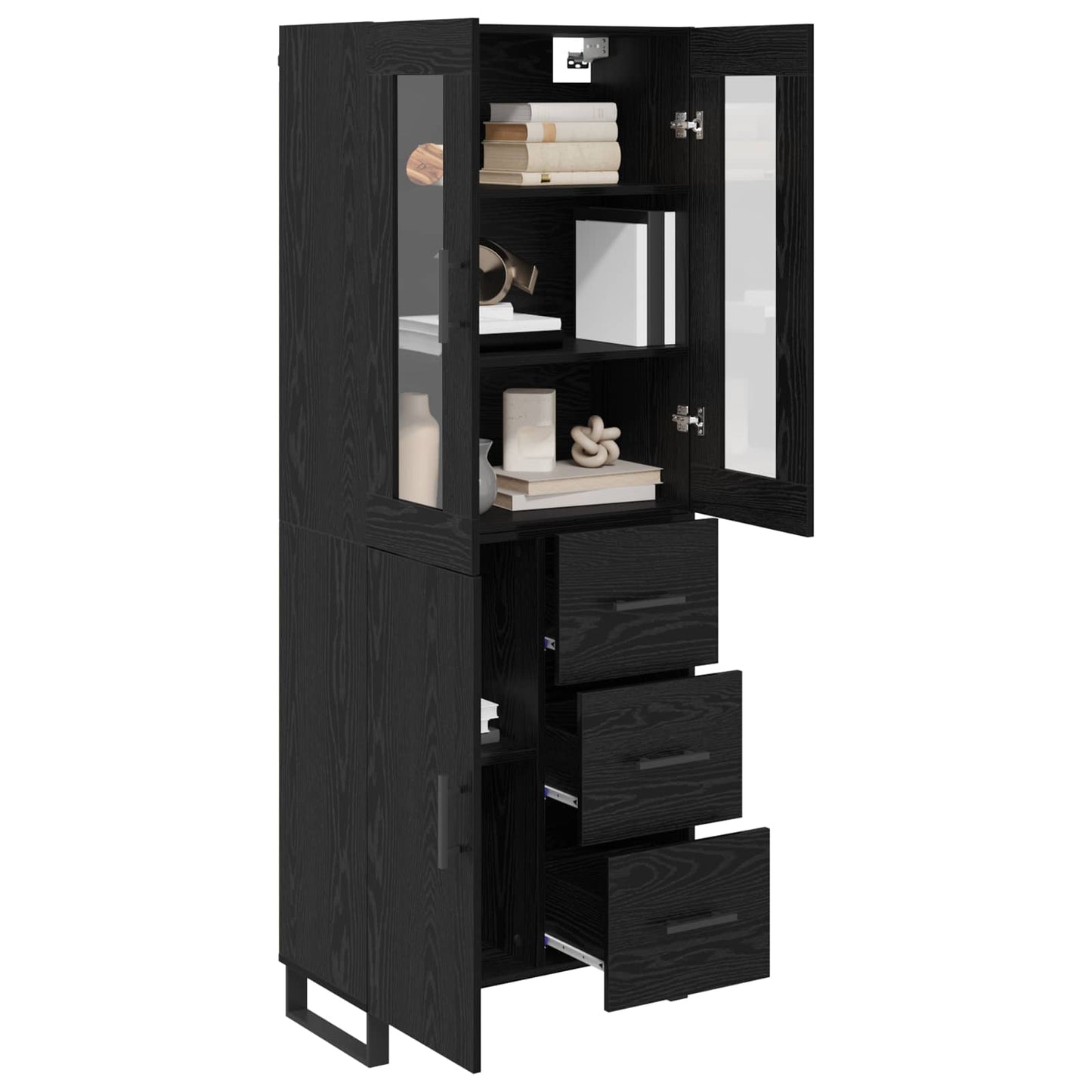 Highboard med skuffe 2 pcs Sort eg Ingeniørtræ og glas