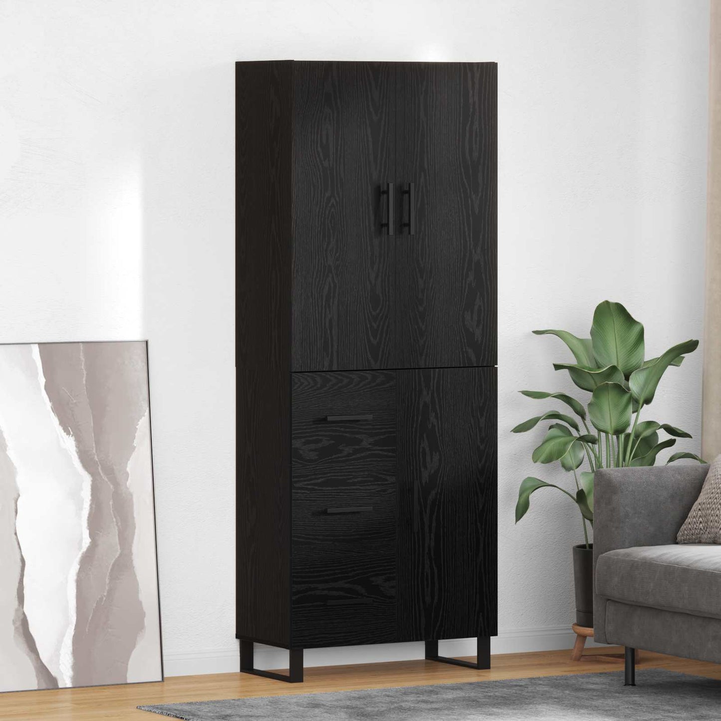 Highboard 2 pcs Sort eg 69,5 x 34 x 180 cm Ingeniørtræ og glas