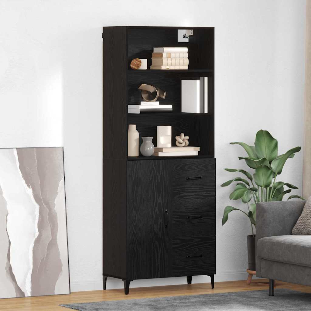 Highboard med skuffe Sort eg 69,5 x 34 x 180 cm Konstrueret træ