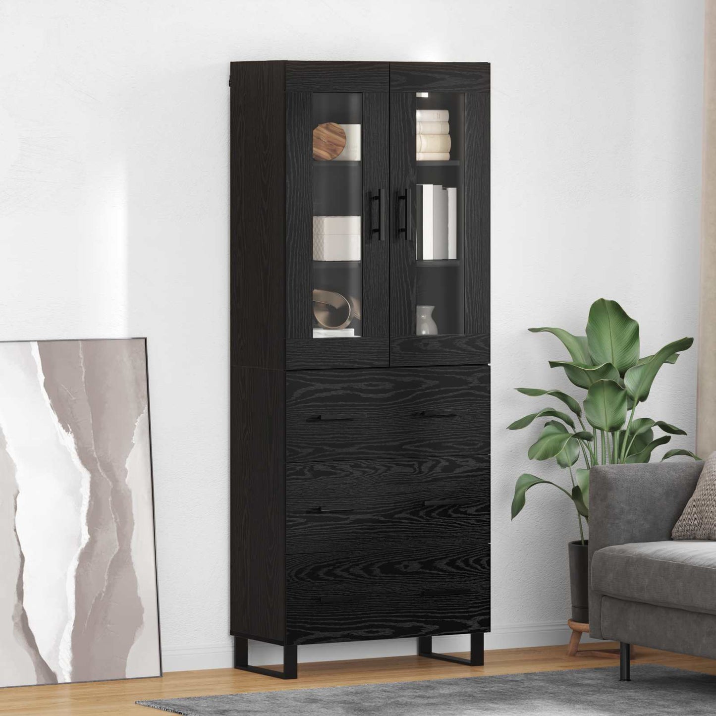 Highboard med skuffe 2 pcs Sort eg Ingeniørtræ og glas