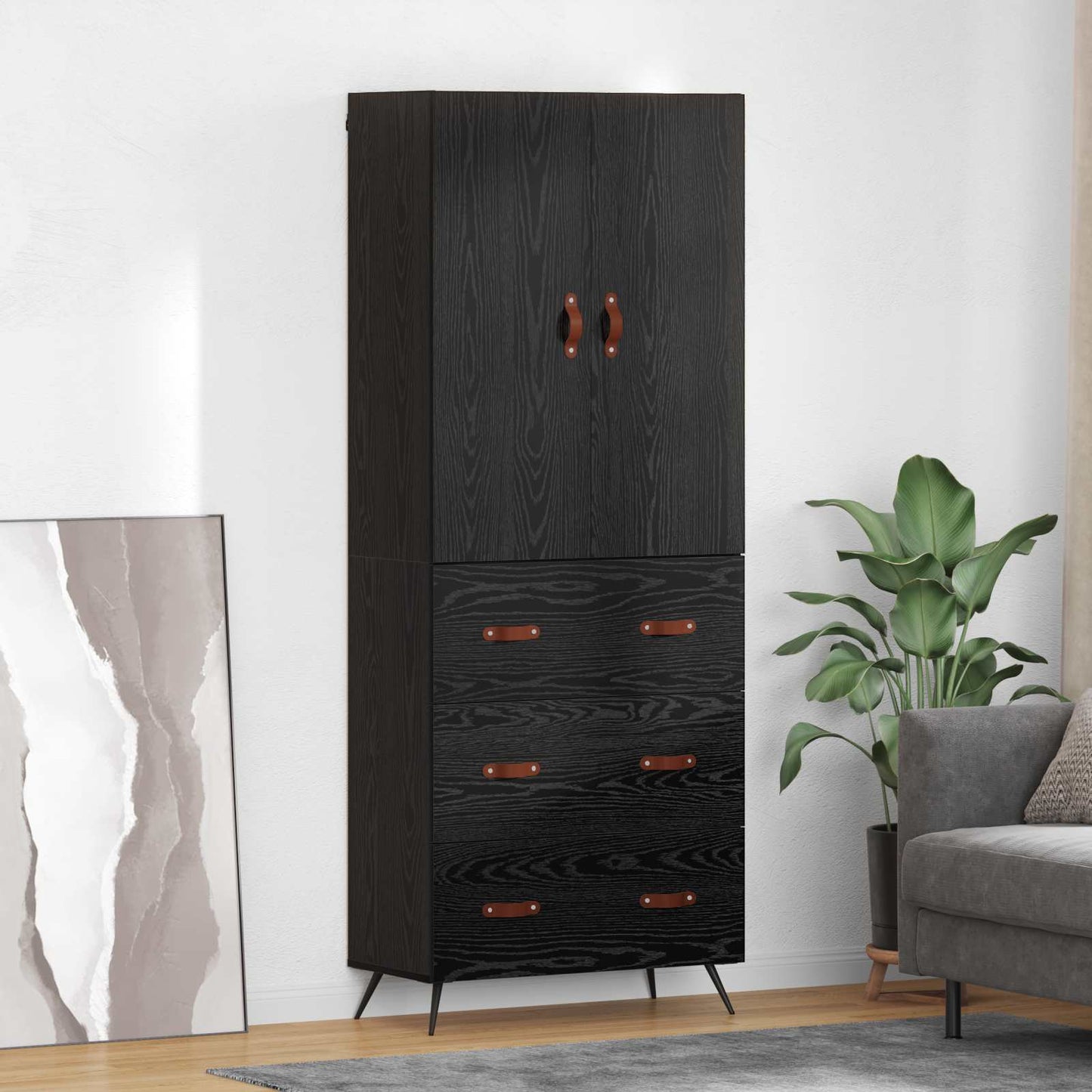 Highboard med skuffe Sort eg 69,5 x 34 x 180 cm Konstrueret træ