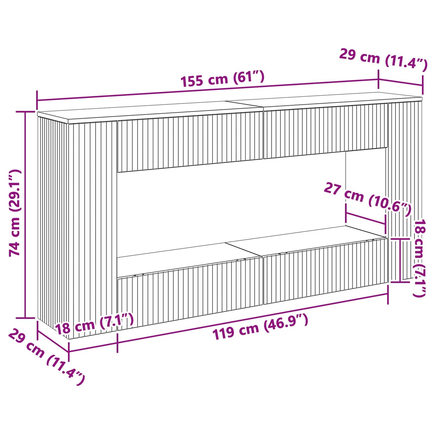Konsolbord Stribet BetonGrå 155 x 29 x 74 cm Konstrueret træ