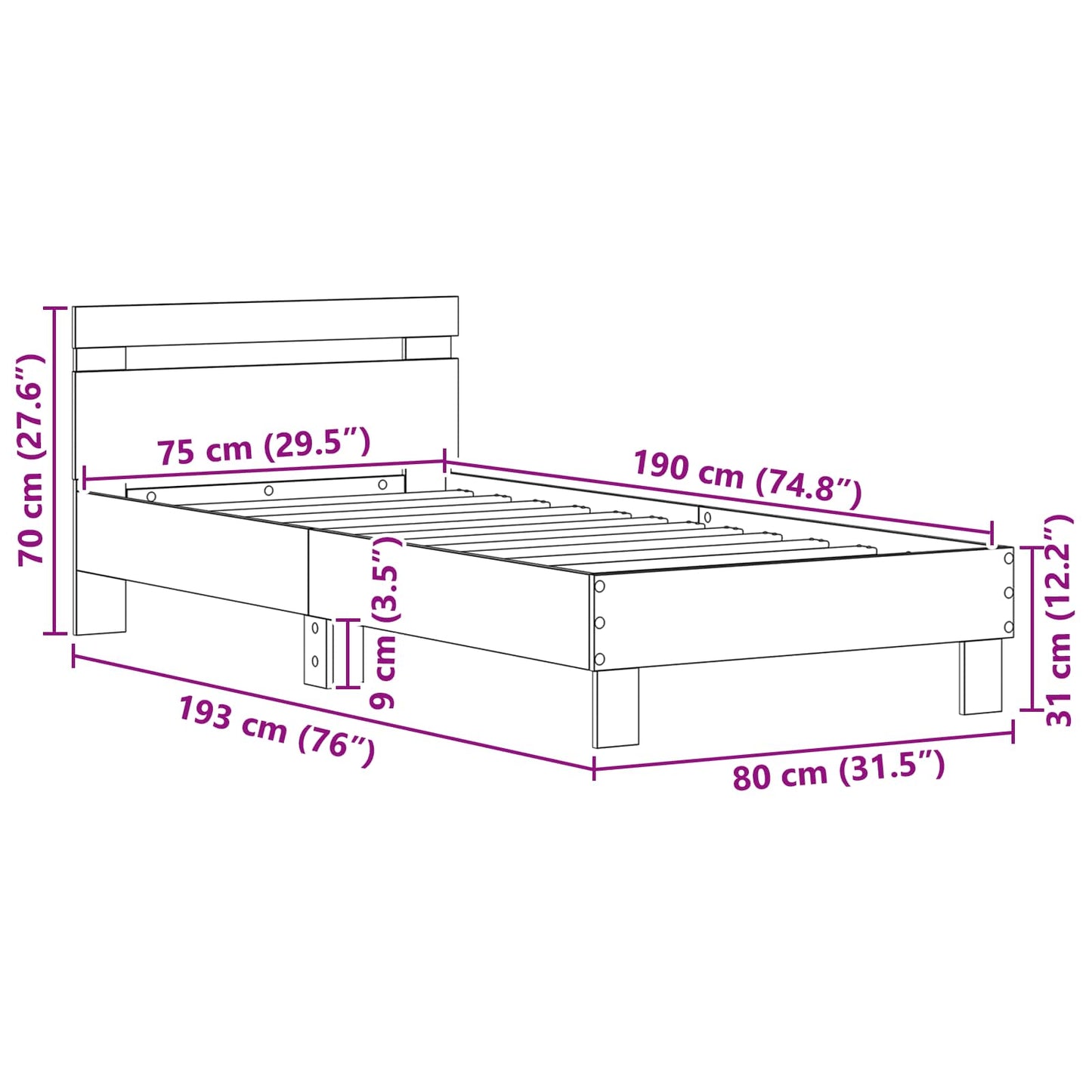 Sengestel Sort eg 75 x 190 cm Konstrueret træ