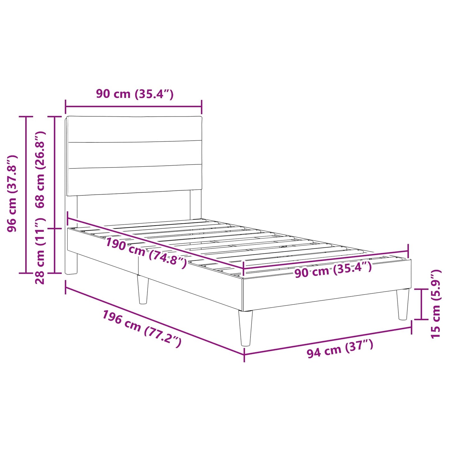 Sengestel med hovedgærde Sort 90 x 190 cm Stof