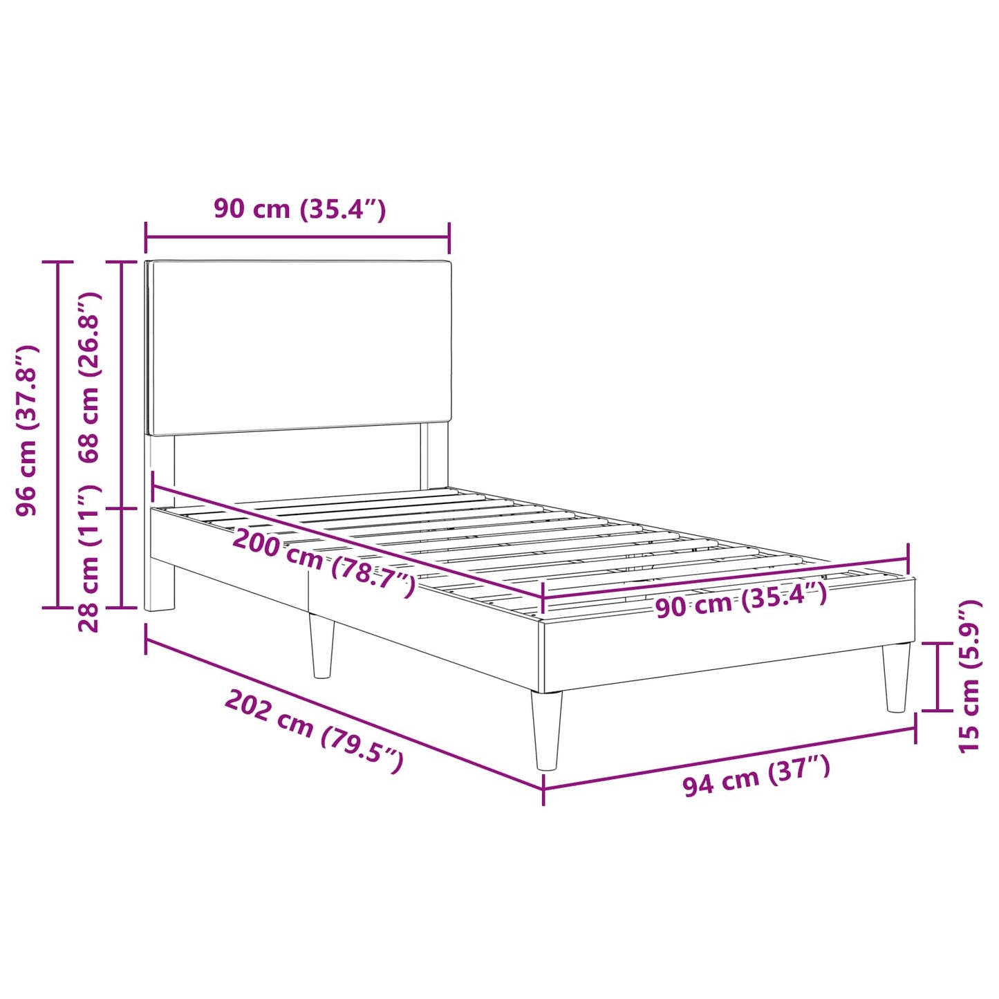 Sengestel med hovedgærde Cremefarvet 90 x 200 cm Velourstof