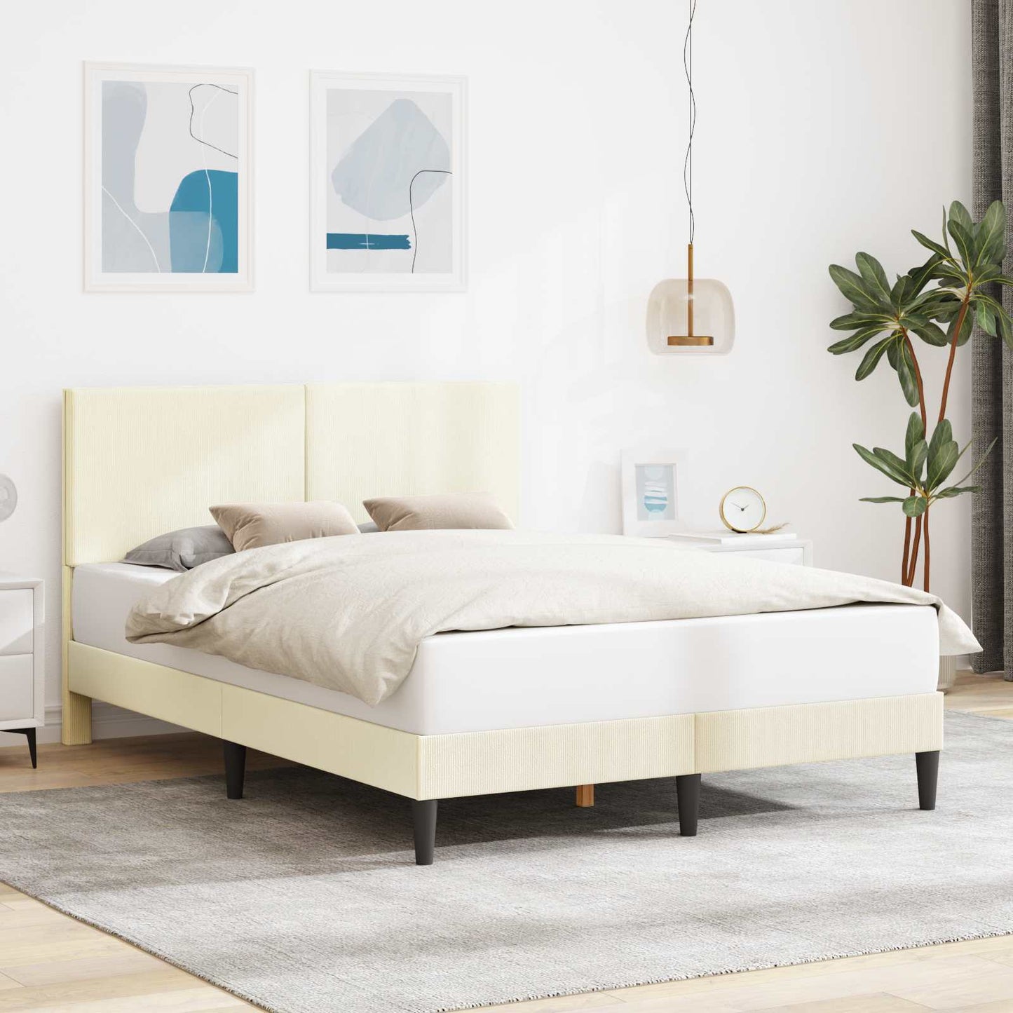 Sengestel med hovedgærde Cremefarvet 140 x 190 cm Velourstof