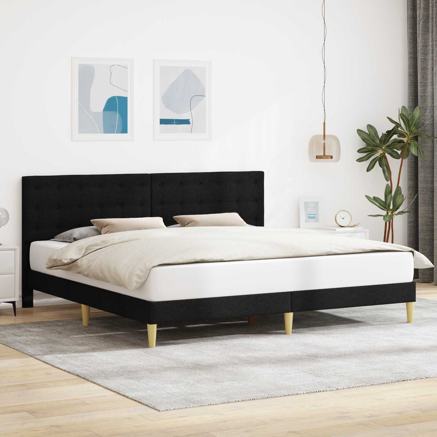 Sengestel med hovedgærde Sort 200 x 200 cm Stof