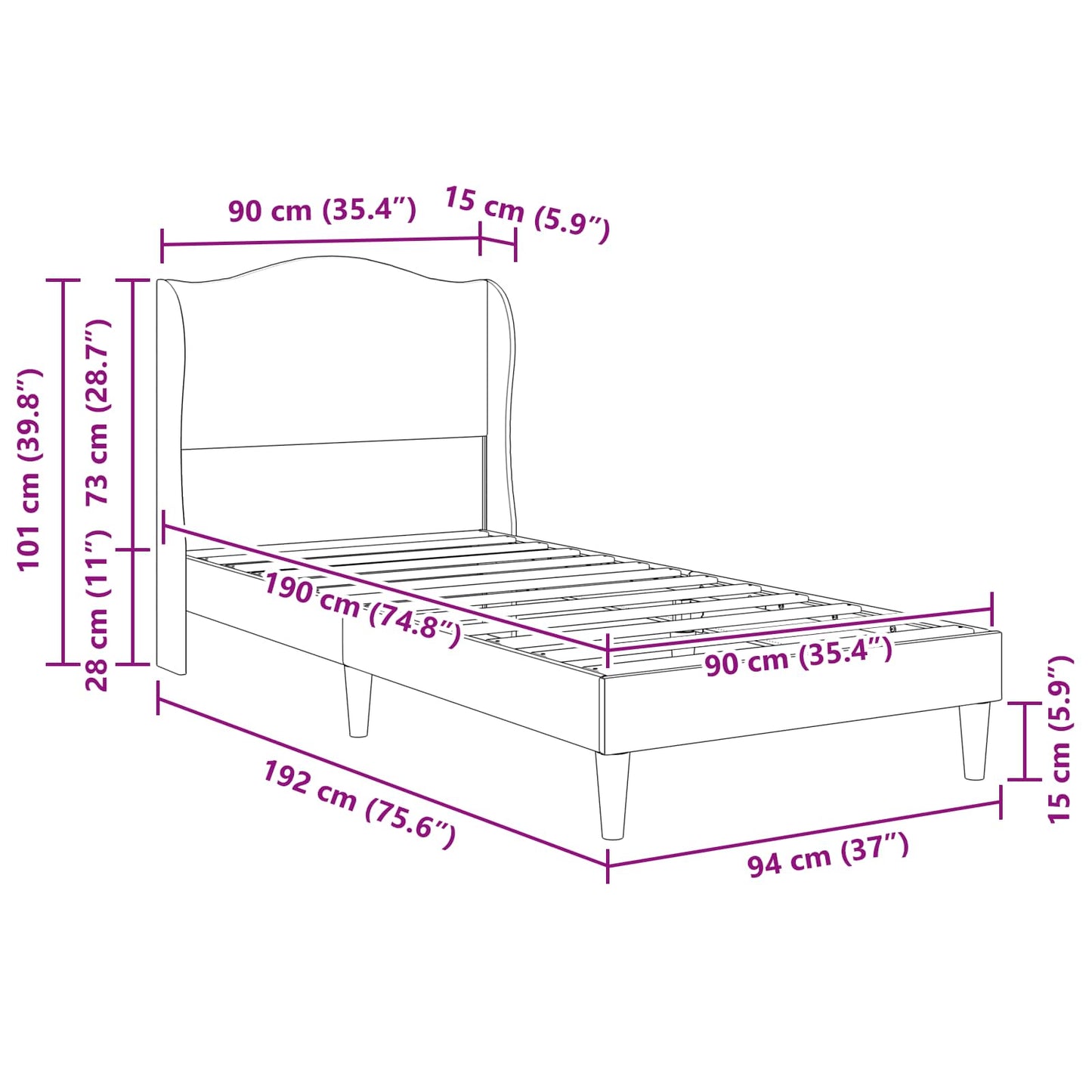 Sengestel med hovedgærde Grå 90 x 190 cm Kunstlæder