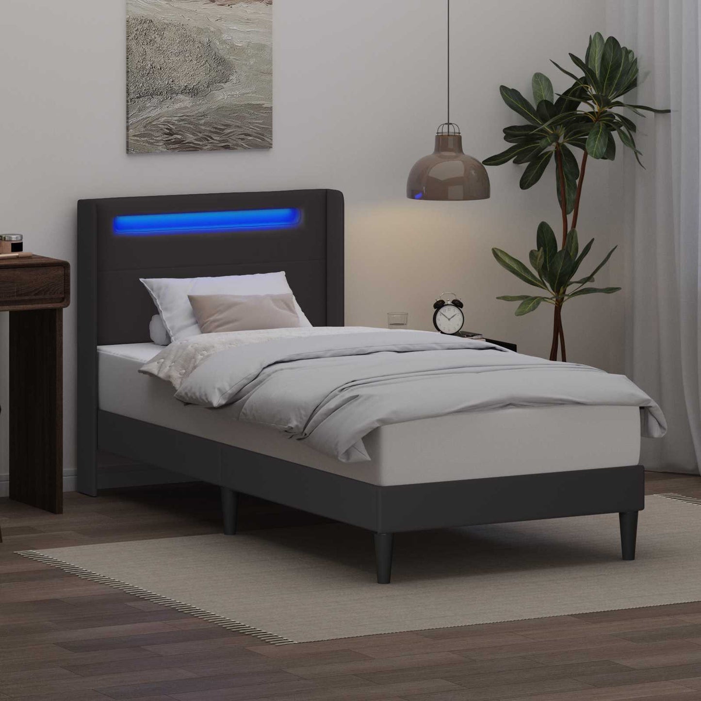 Sengestel med LED-lysstrimler Grå 90 x 190 cm Kunstlæder