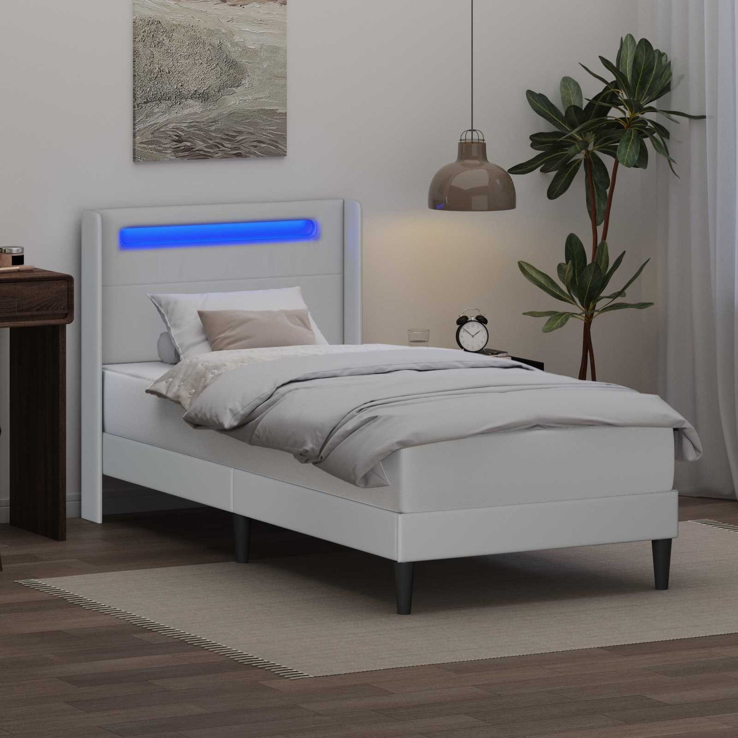 Sengestel med LED-lysstrimler Hvid 90 x 190 cm Kunstlæder