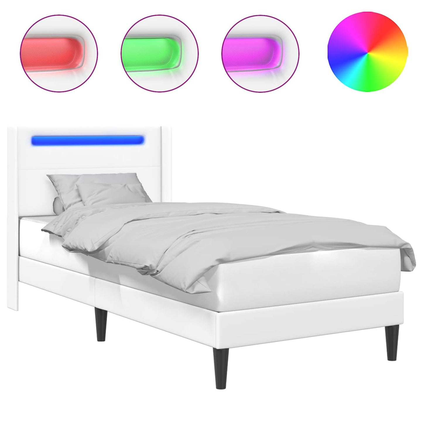 Sengestel med LED-lysstrimler Hvid 90 x 190 cm Kunstlæder