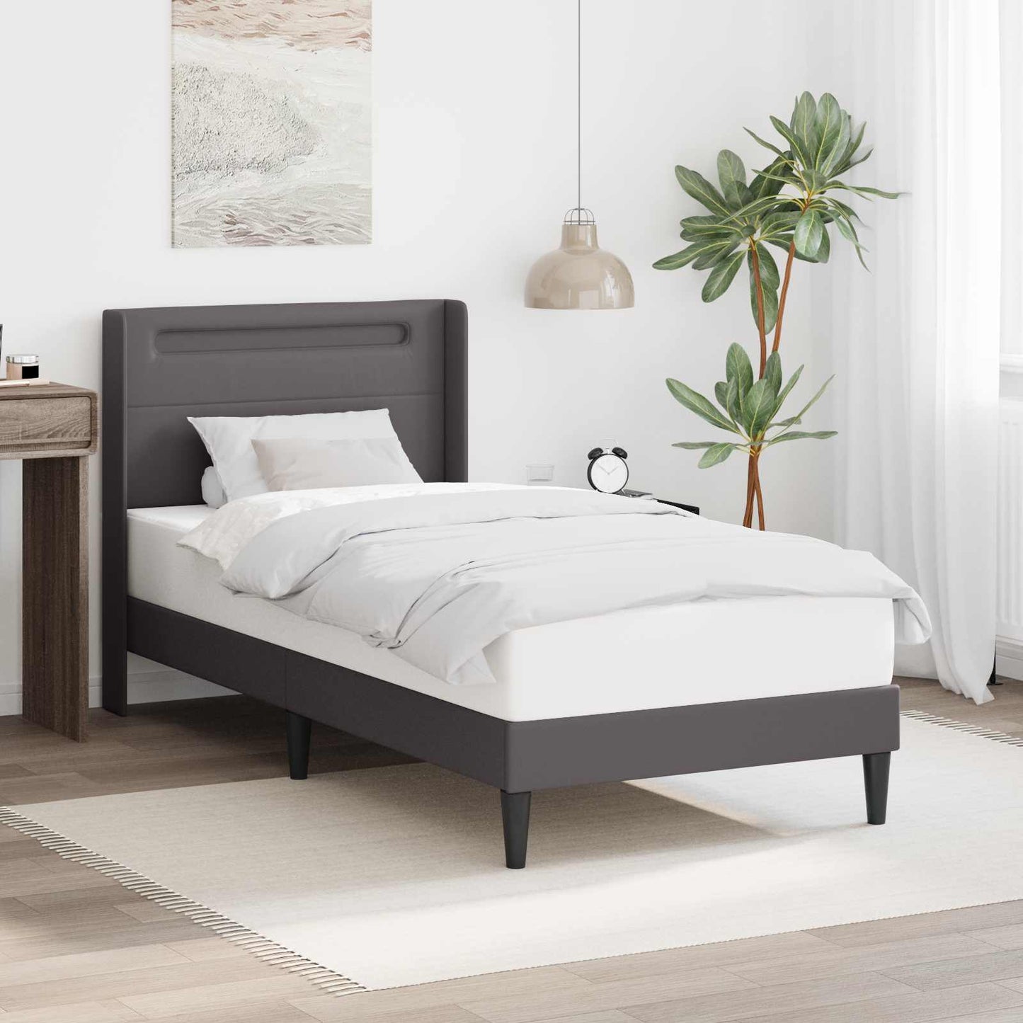 Sengestel med LED-lysstrimler Grå 100 x 200 cm Kunstlæder