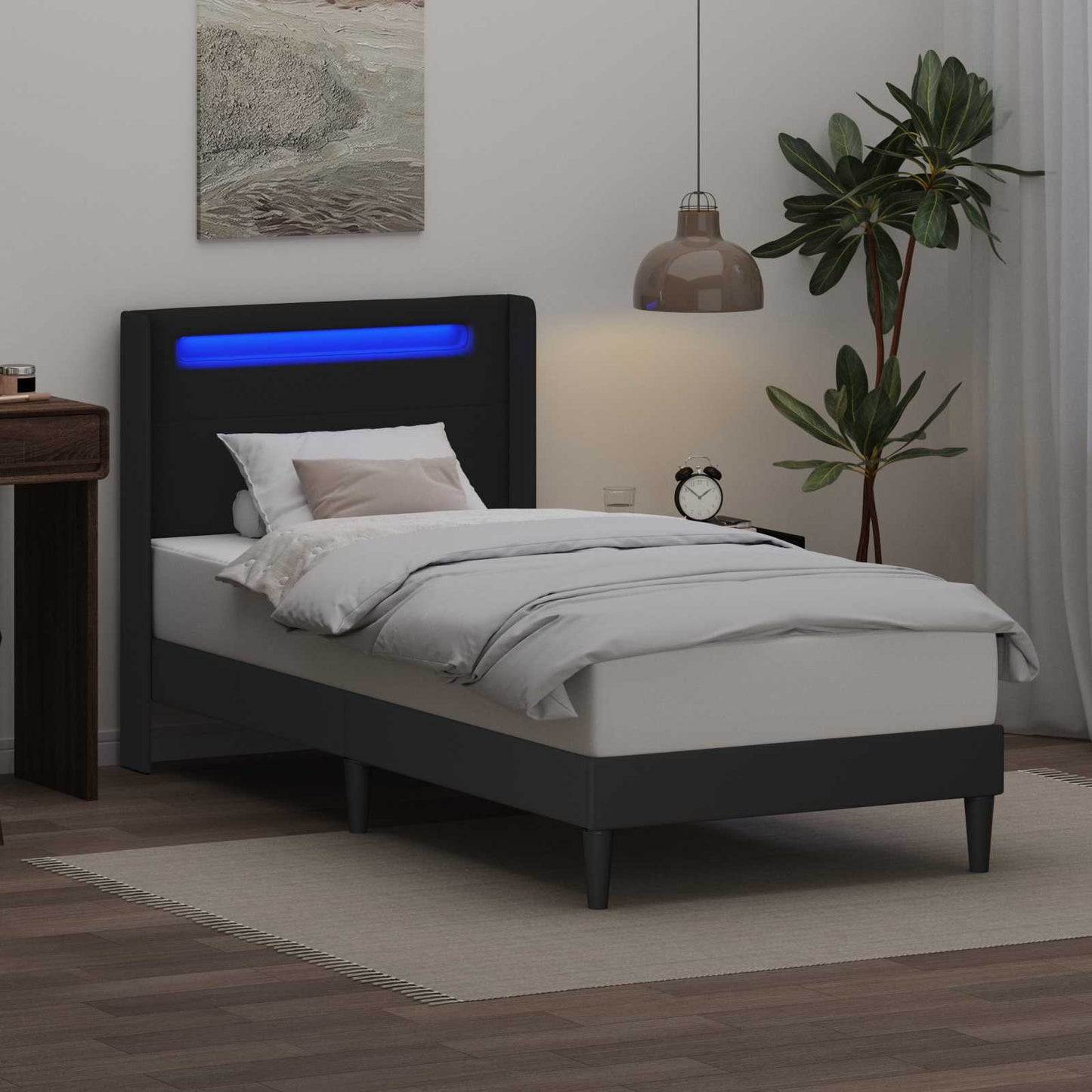Sengestel med LED-lysstrimler Sort 100 x 200 cm Kunstlæder