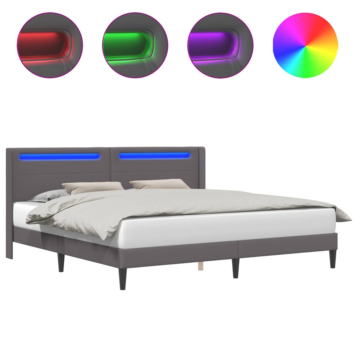 Sengestel med LED-lysstrimler Grå 180 x 200 cm Kunstlæder