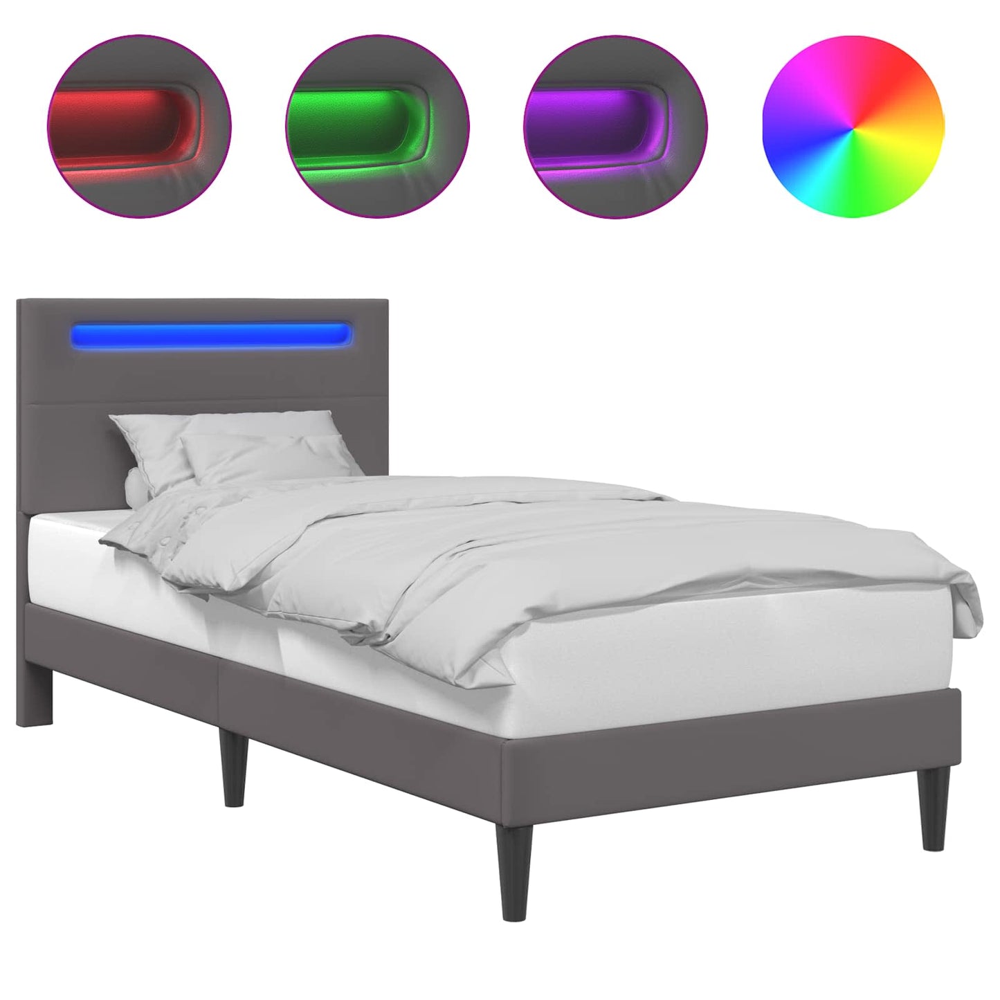 Sengestel med LED-lysstrimler Grå 90 x 190 cm Kunstlæder